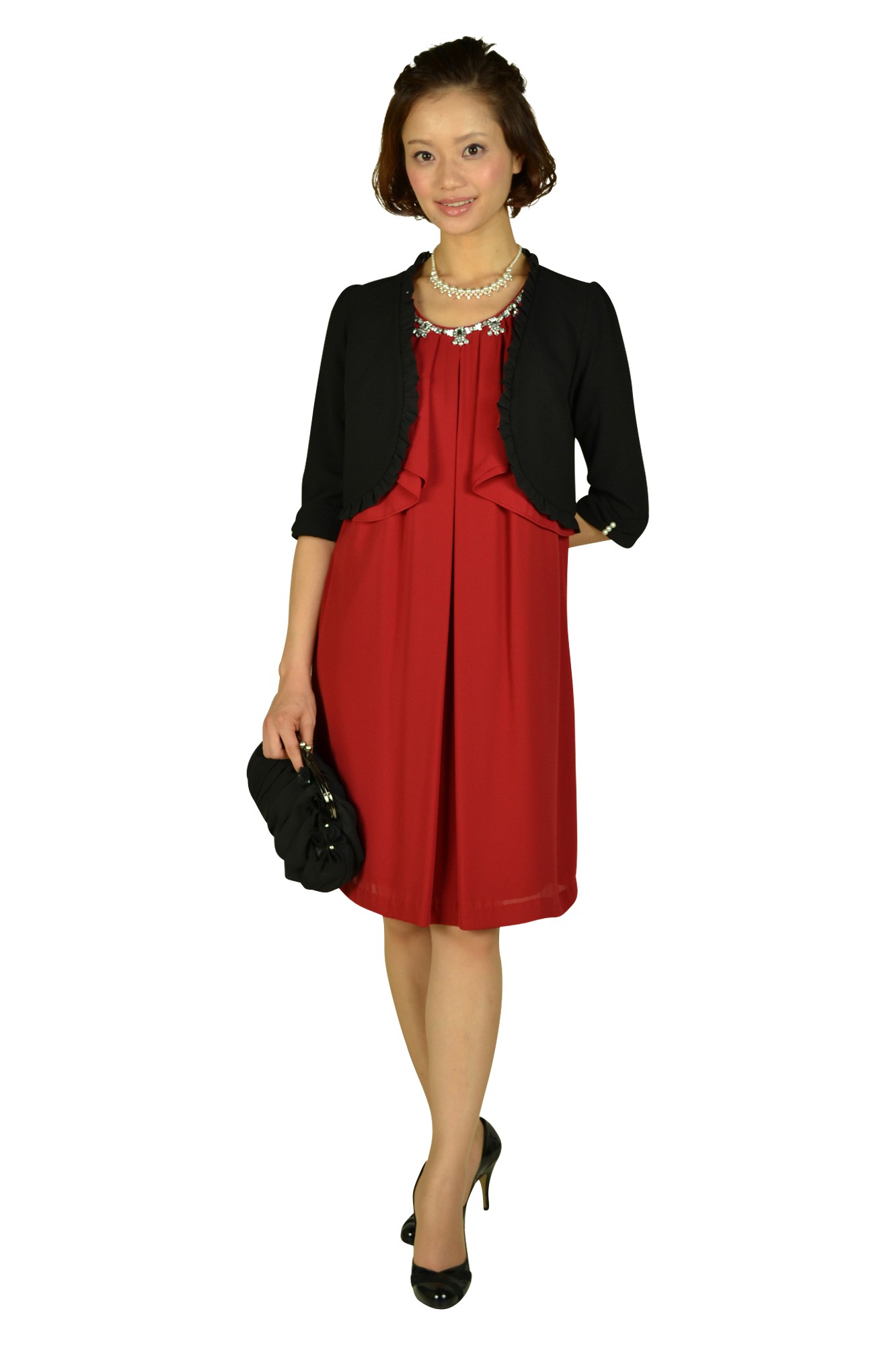 ボルドーラッフル袖ドレス