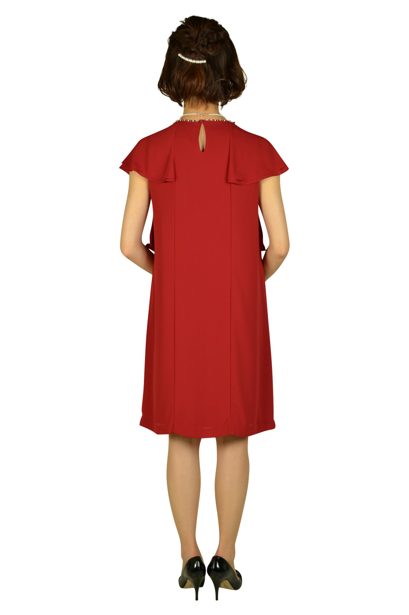 ボルドーラッフル袖ドレス