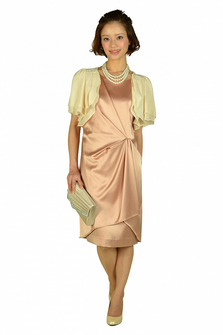 光沢ベージュオレンジミニ袖ドレス