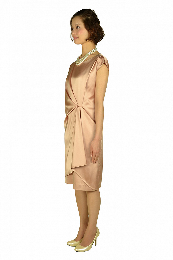 光沢ベージュオレンジミニ袖ドレス