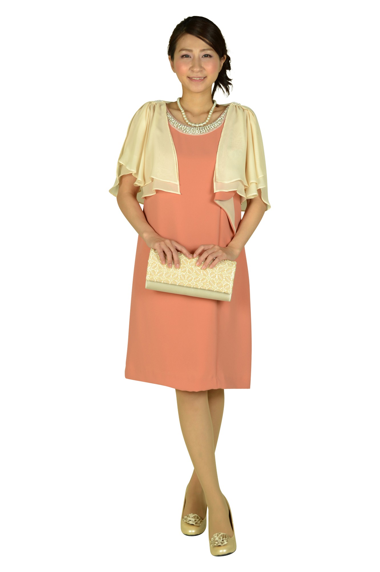 丸格子ベージュクラッチバッグ