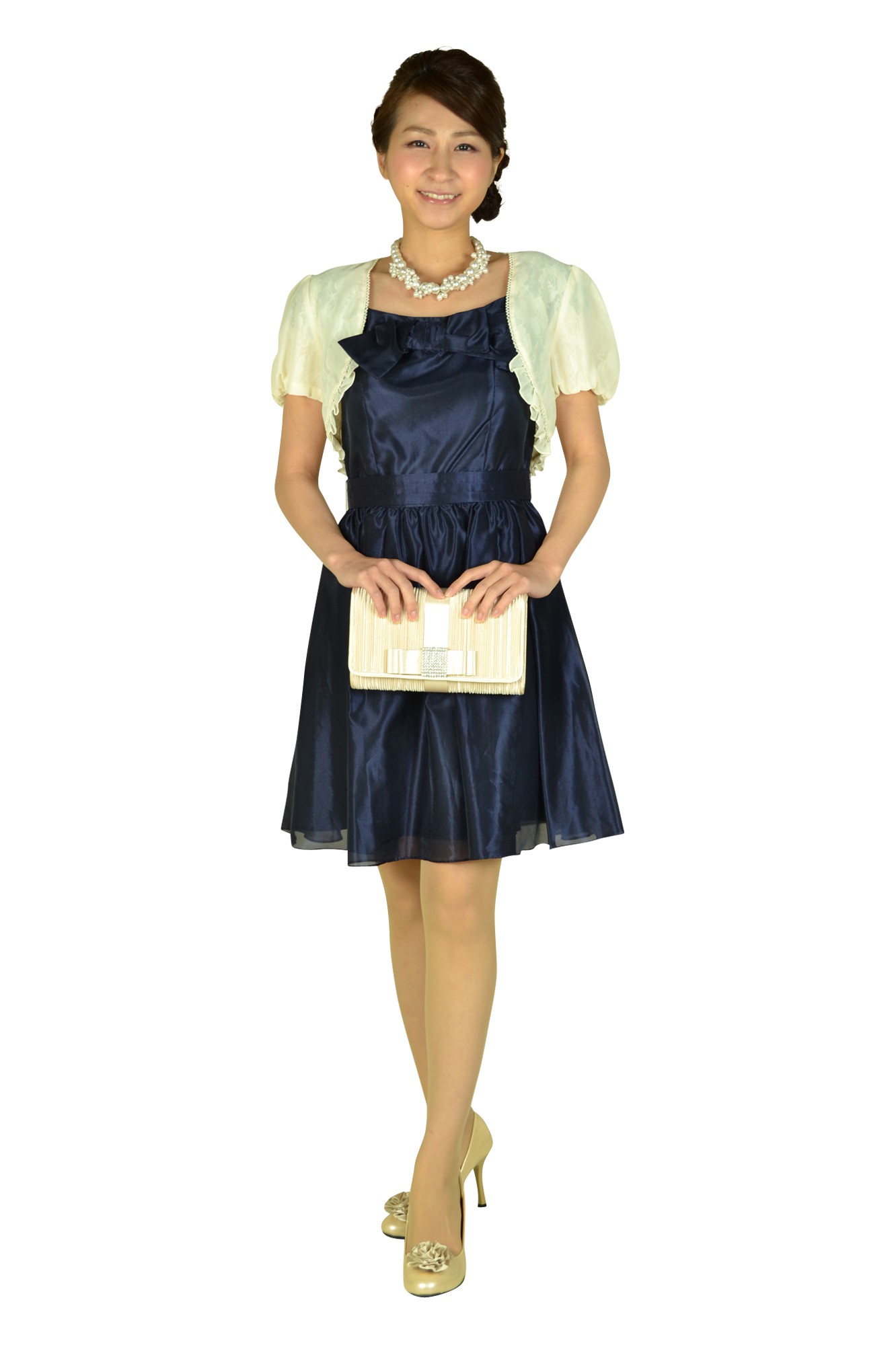 リボン付きオフショルダーネイビードレス