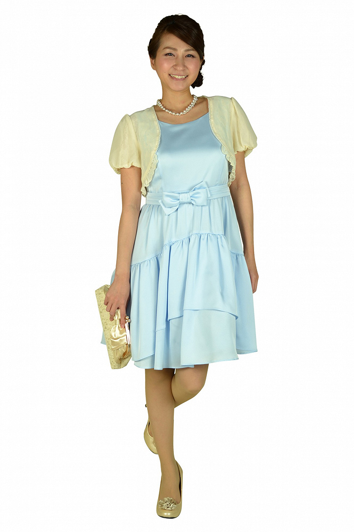 リボンベルトブルーティアードドレス