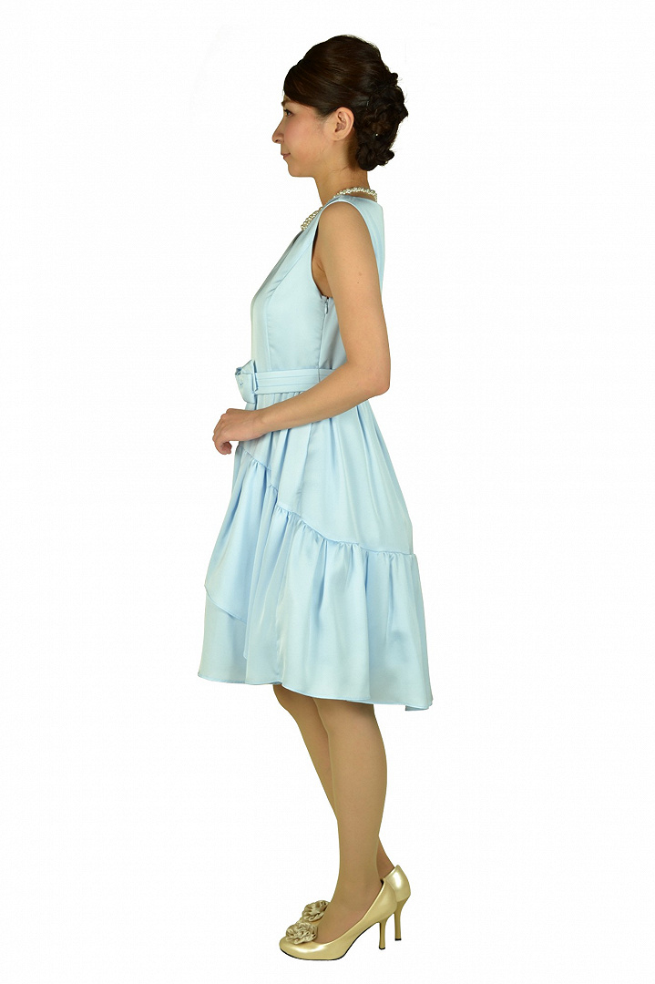 リボンベルトブルーティアードドレス