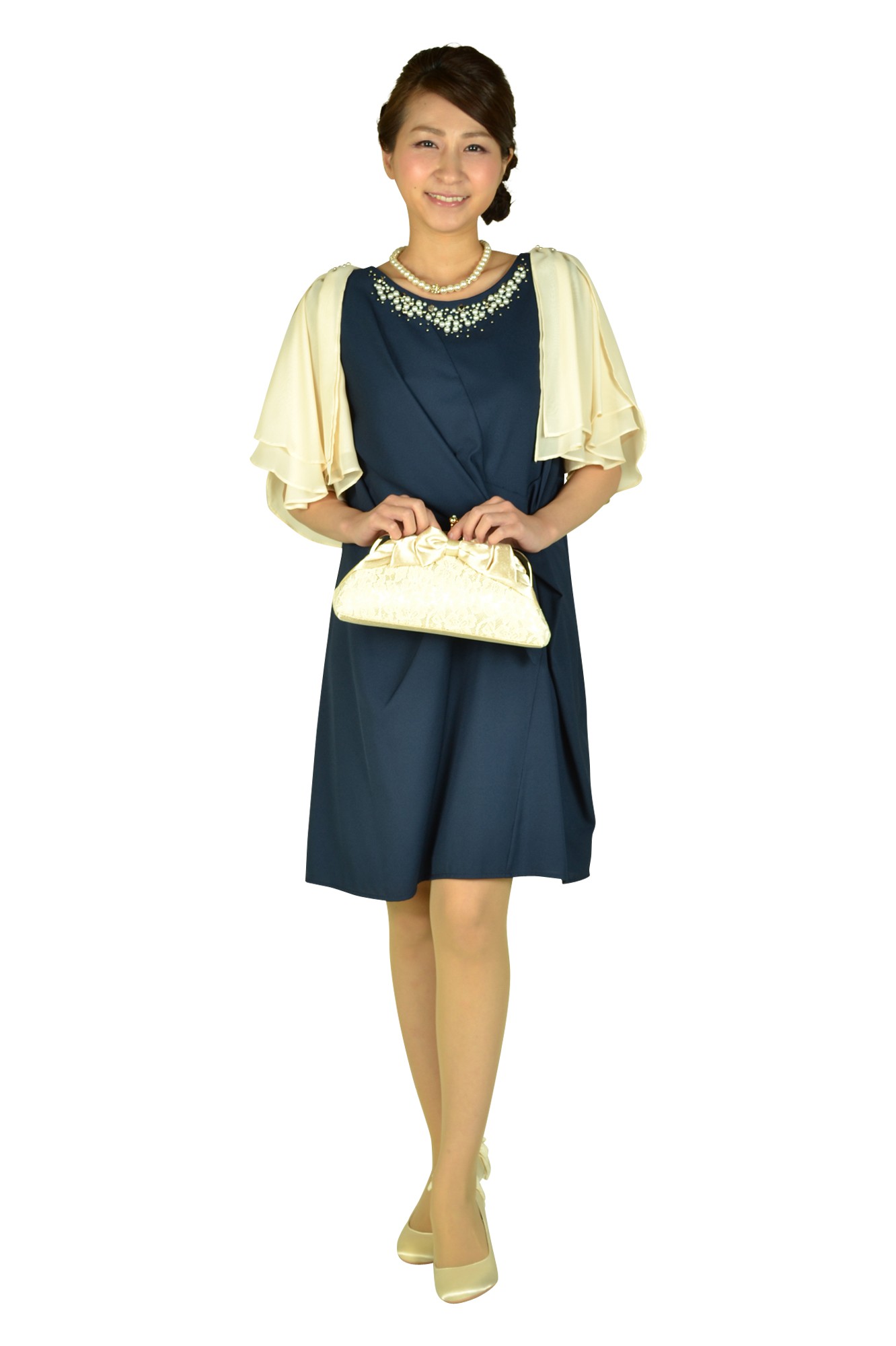 クレープジョーゼットネイビーリボンドレス