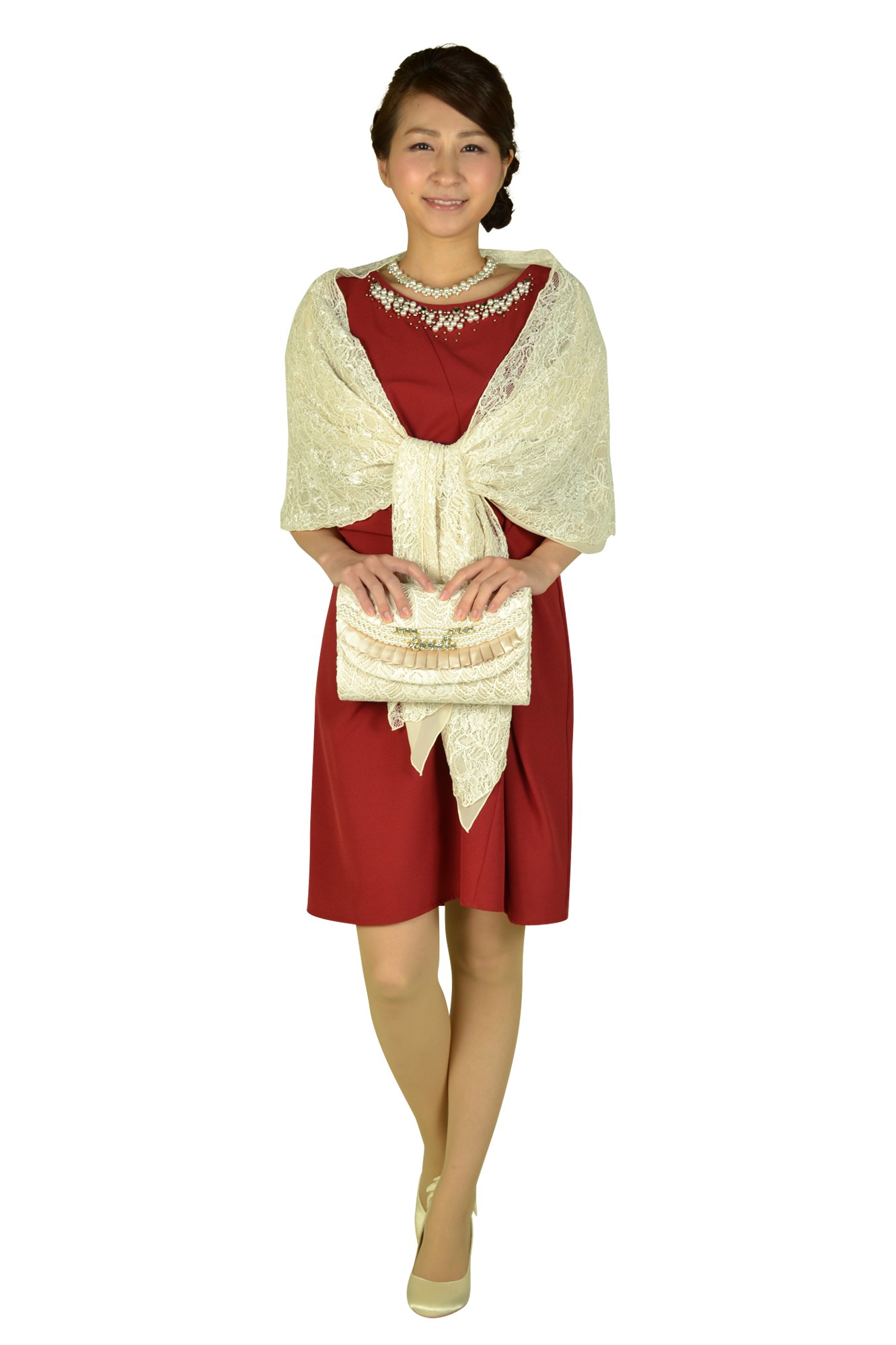 クレープジョーゼットボルドーリボンドレス