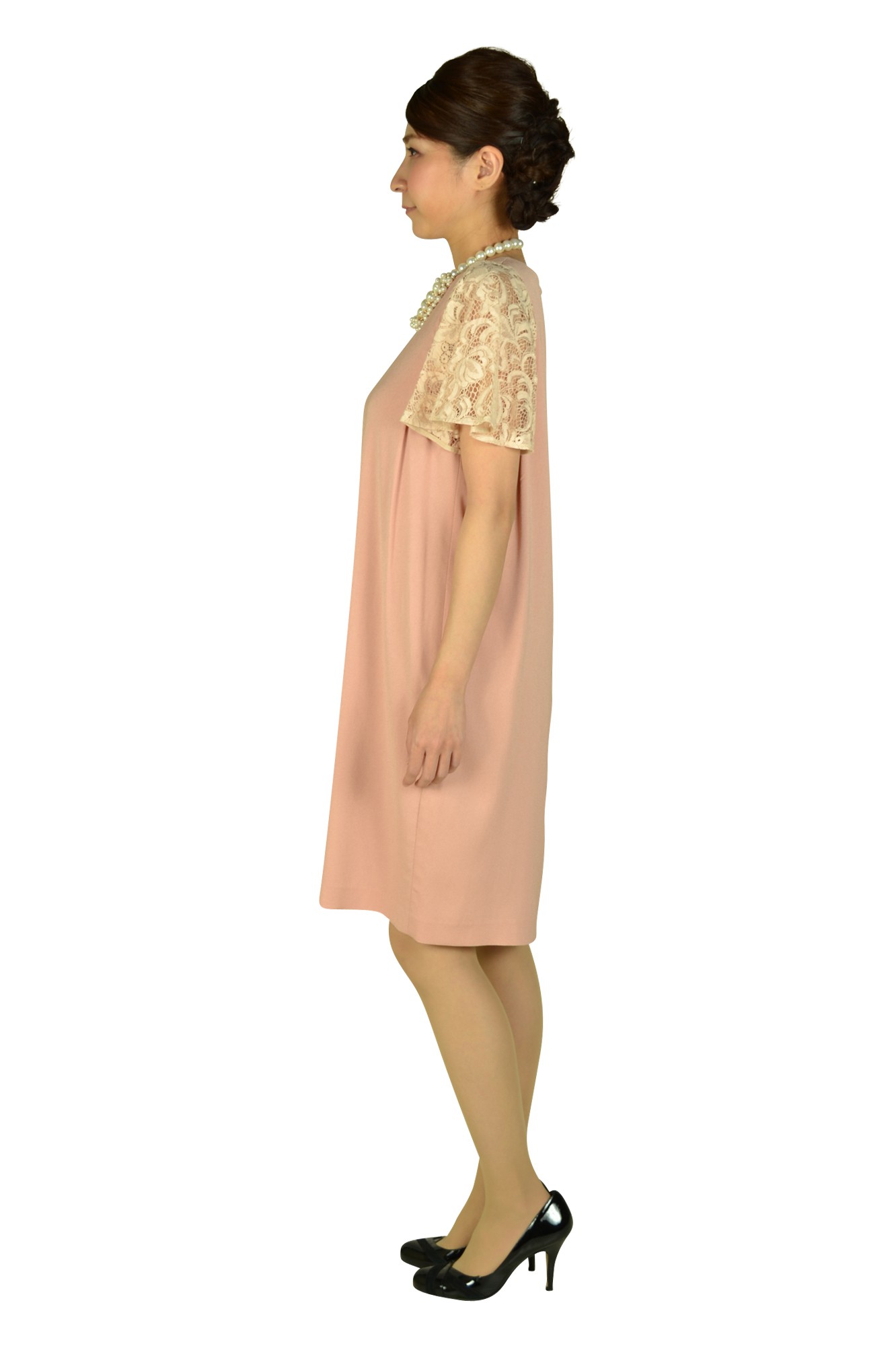 ジョーゼットピンク袖レースドレス