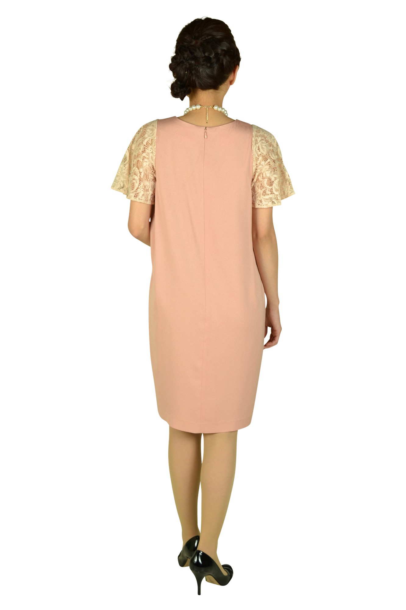 ジョーゼットピンク袖レースドレス