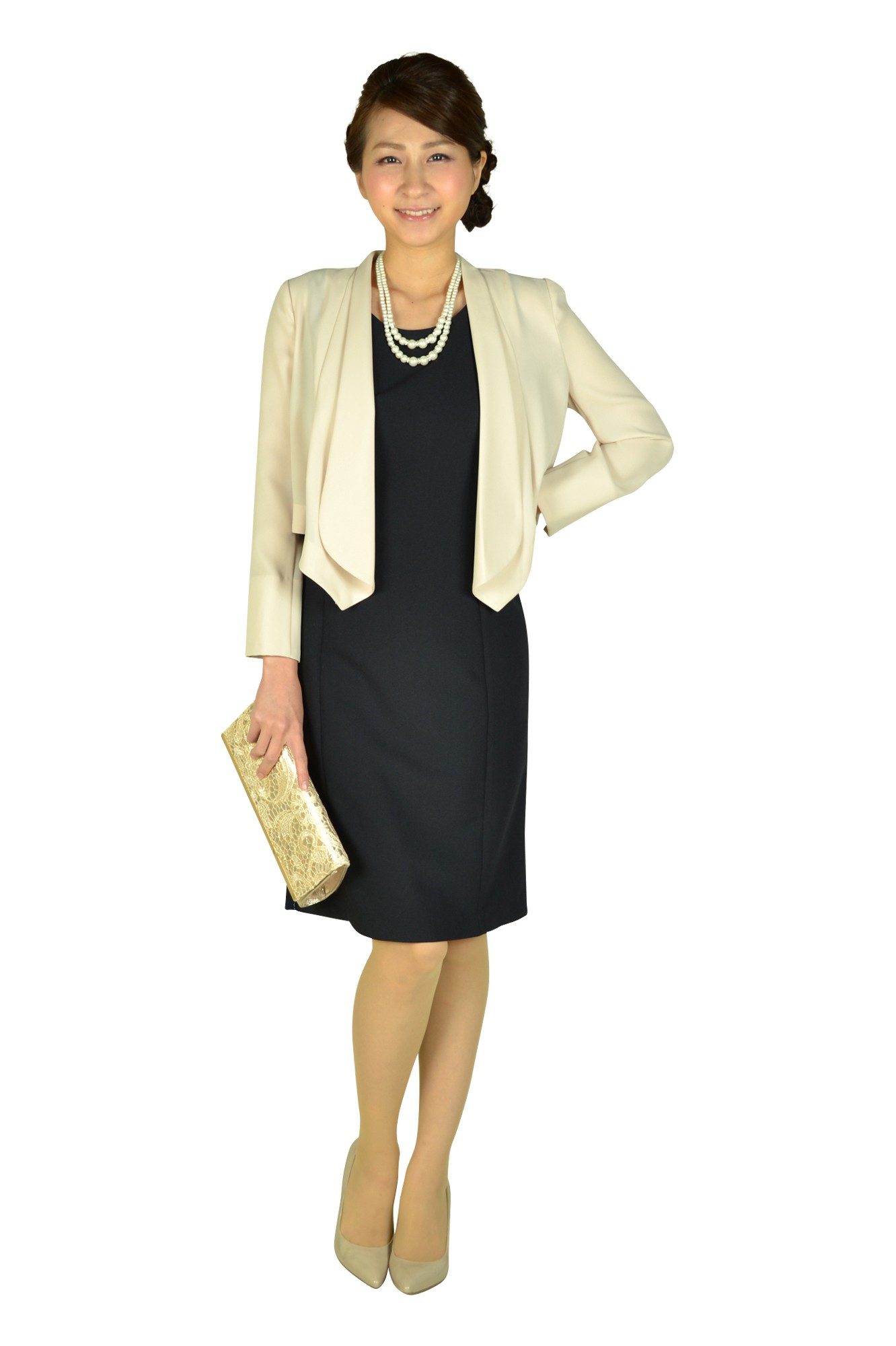 Iラインネイビーバックレースドレス