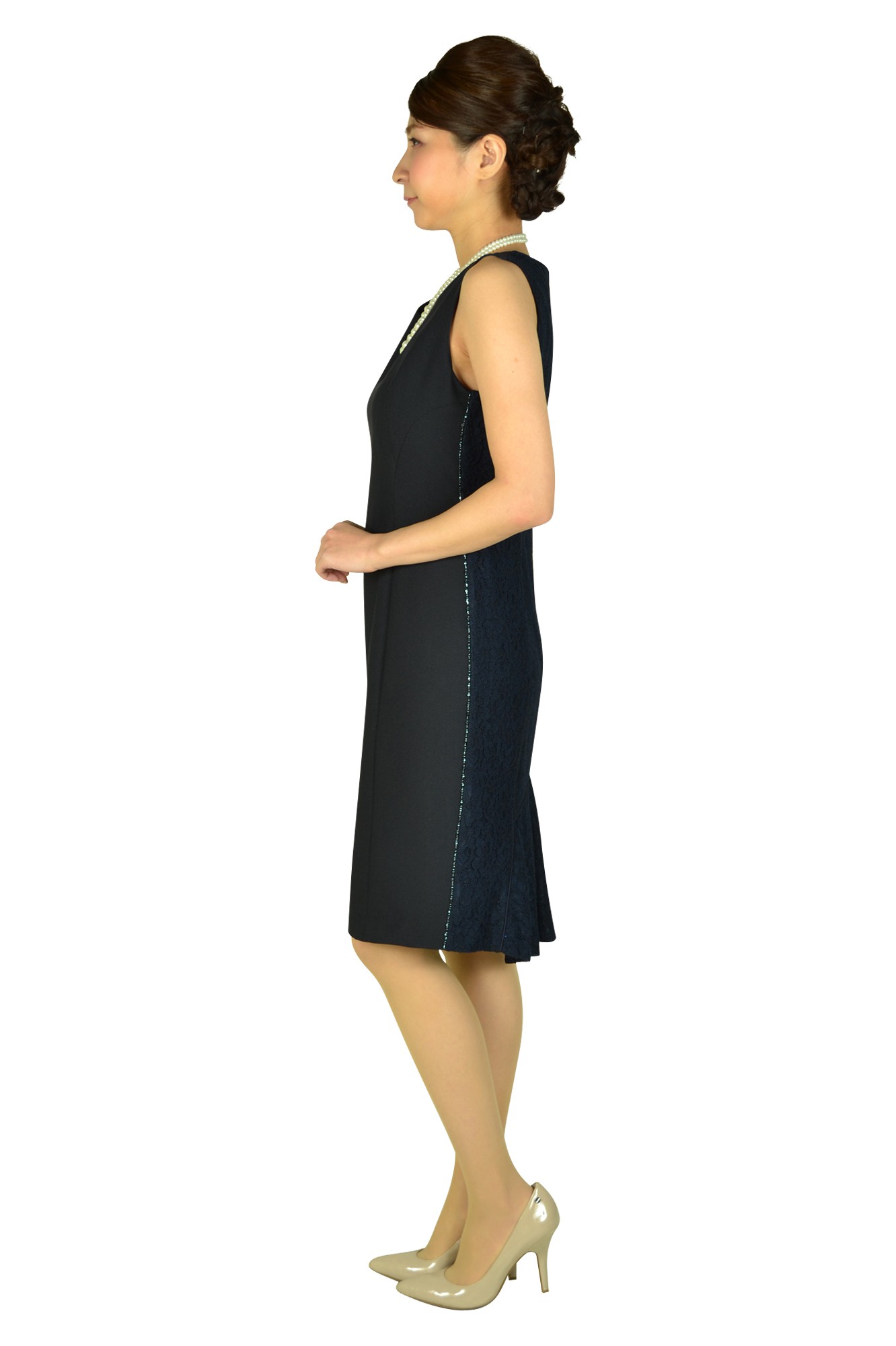 Iラインネイビーバックレースドレス