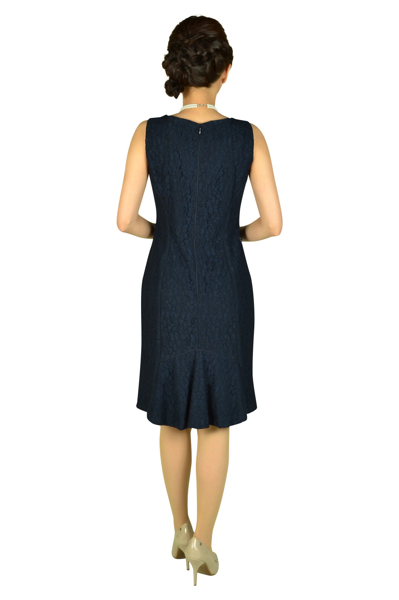 Iラインネイビーバックレースドレス