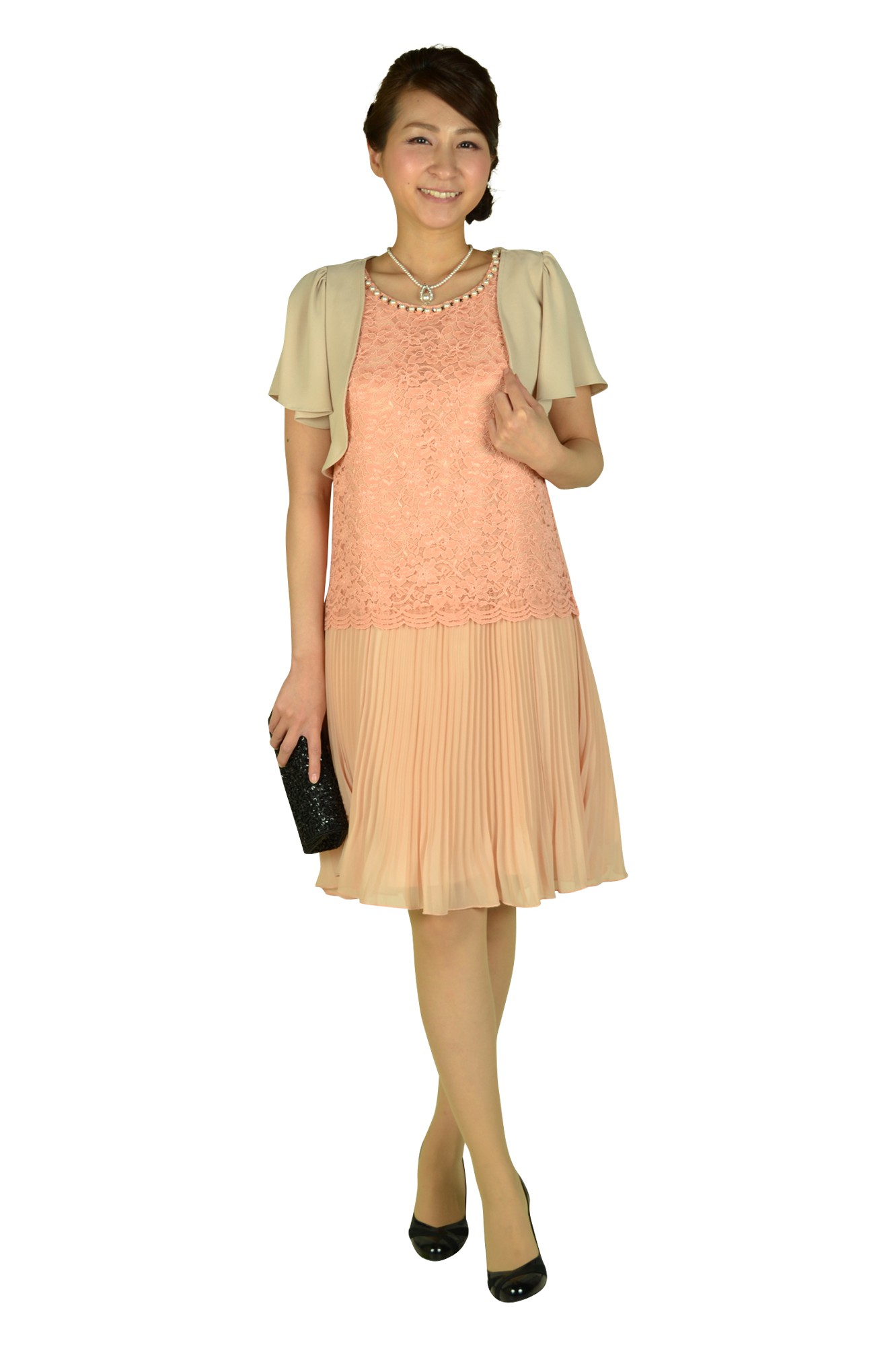 レースプリーツピンクドレス