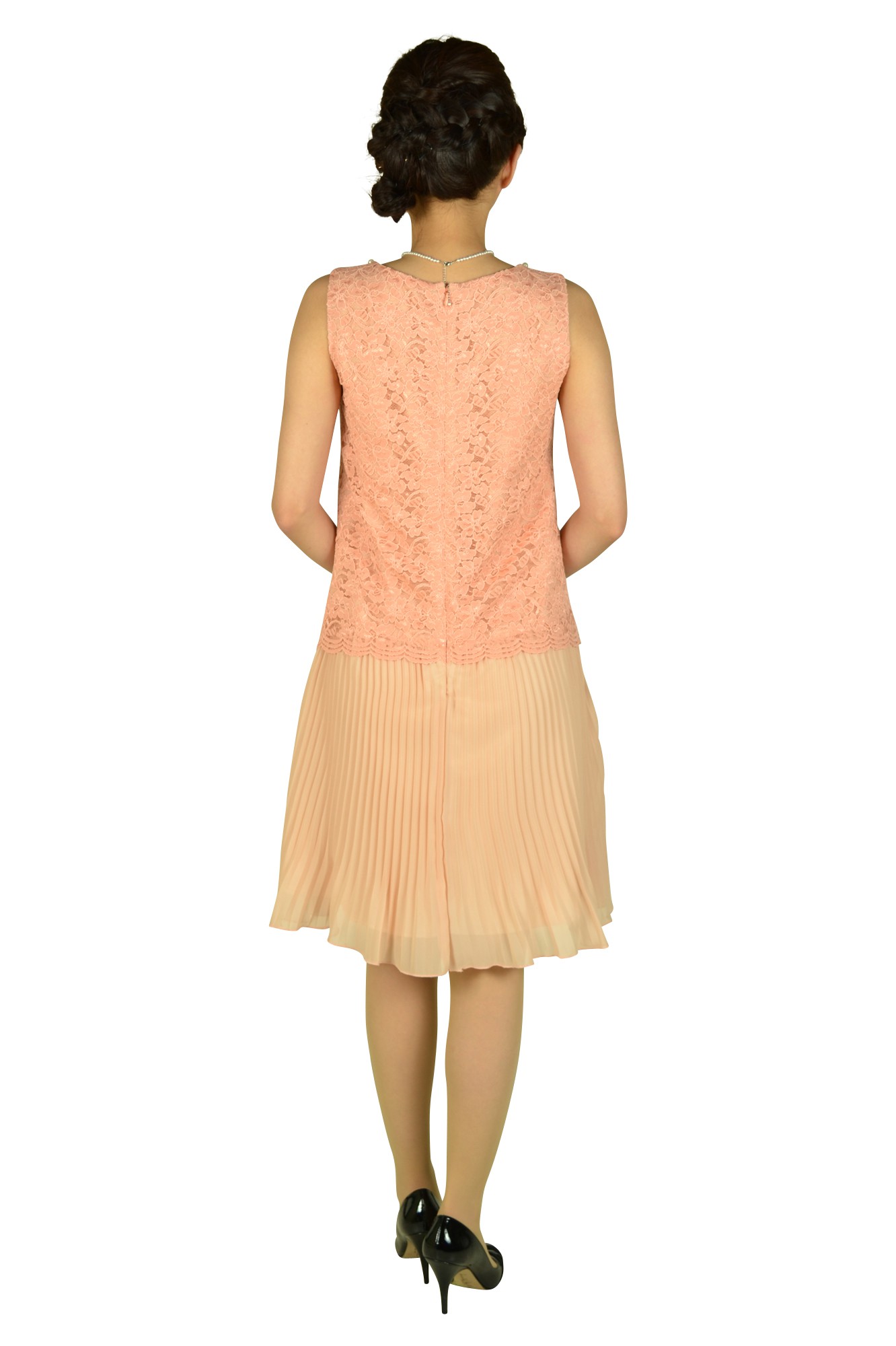 レースプリーツピンクドレス