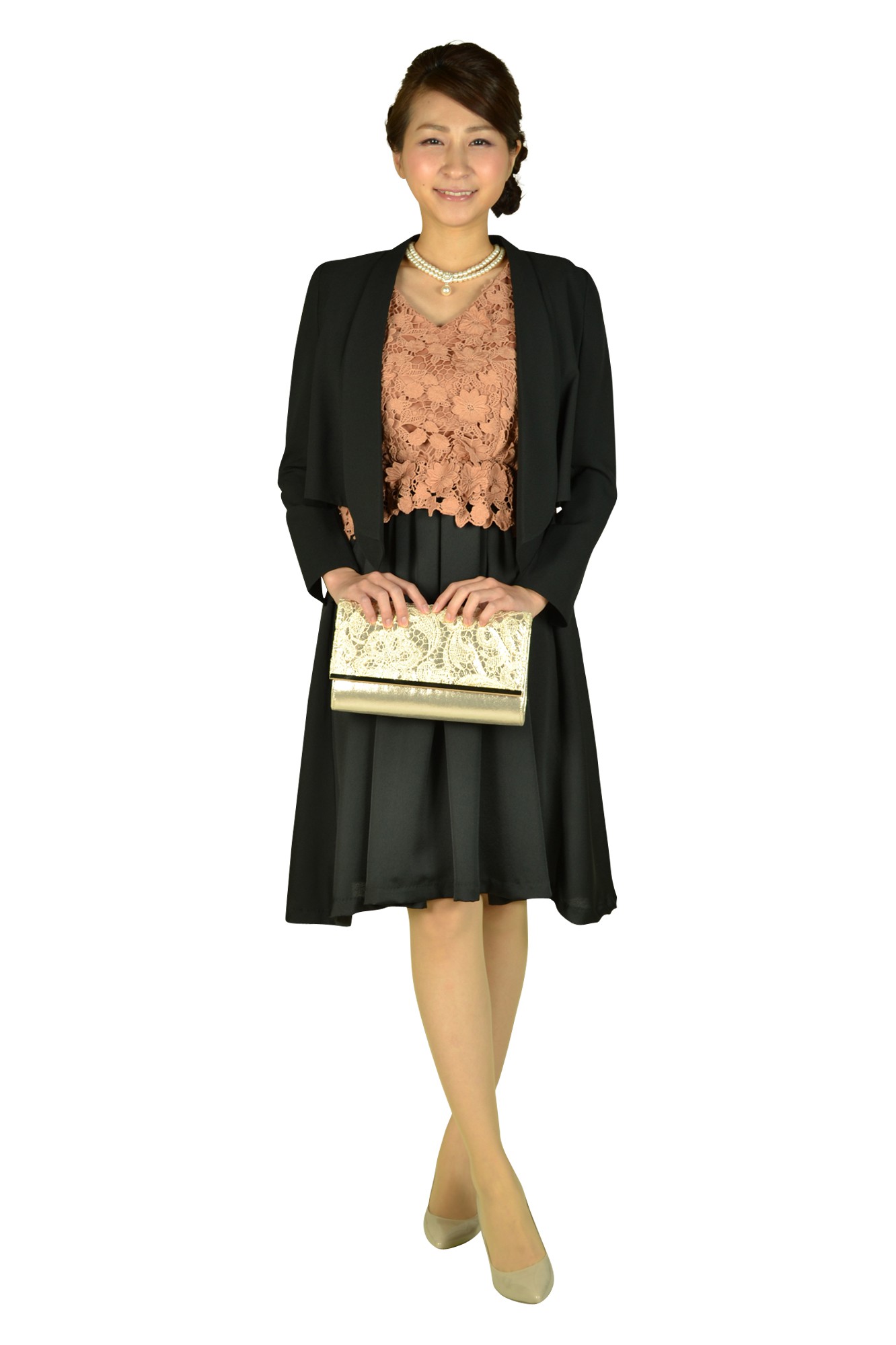 Vネックレースバイカラードレス