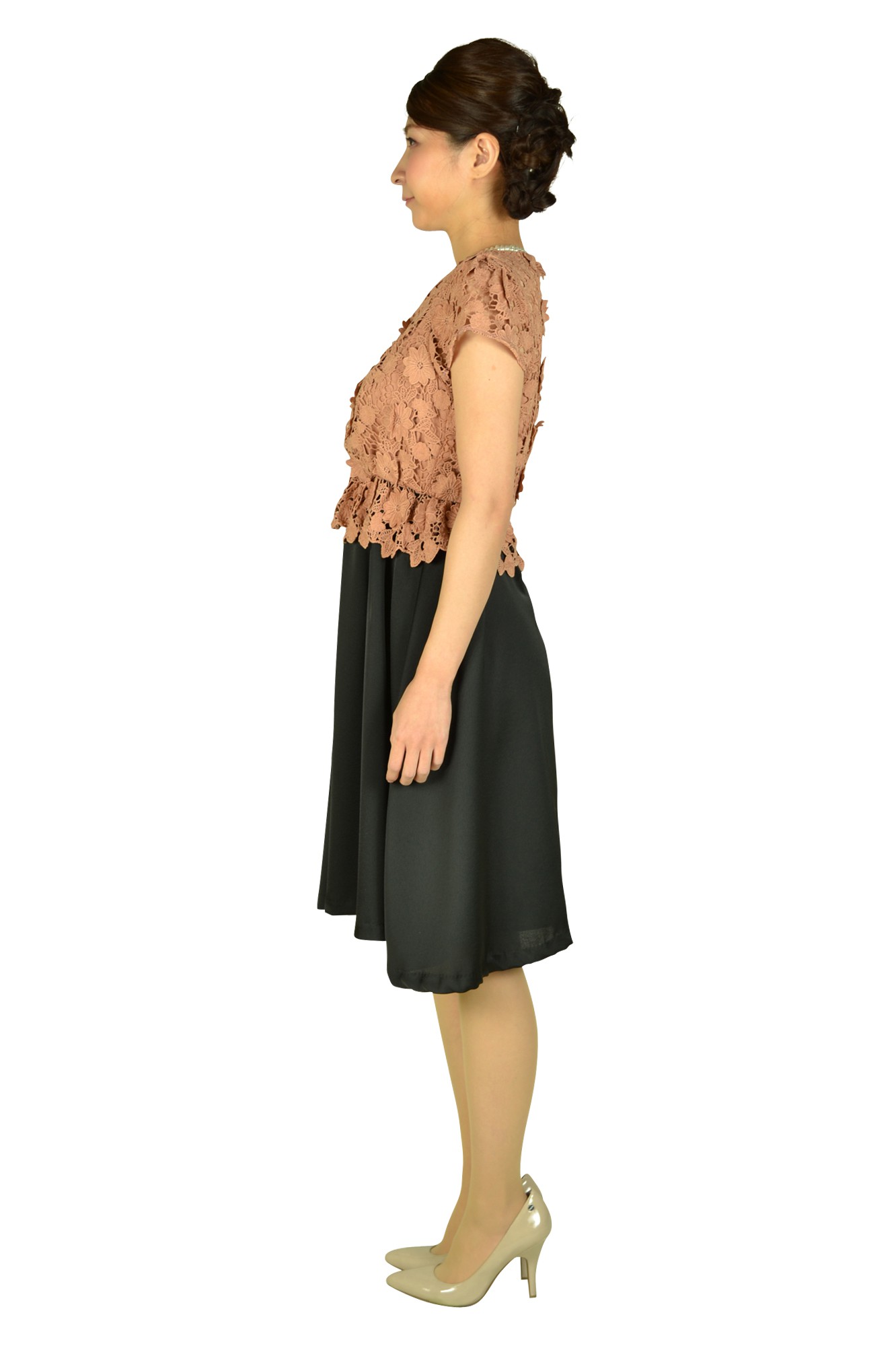 Vネックレースバイカラードレス