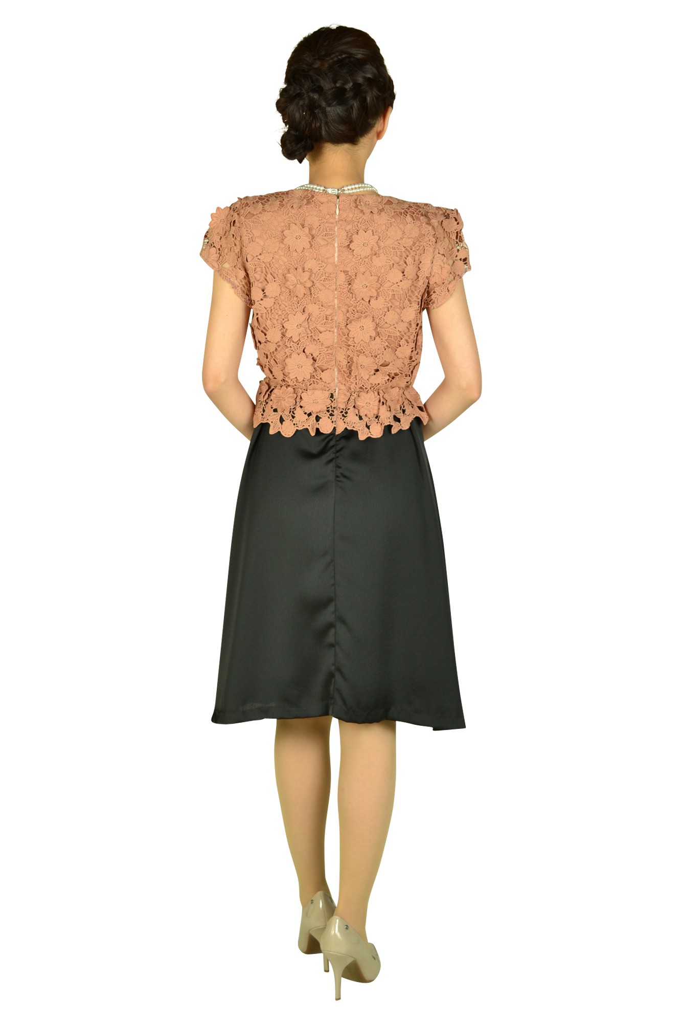 Vネックレースバイカラードレス