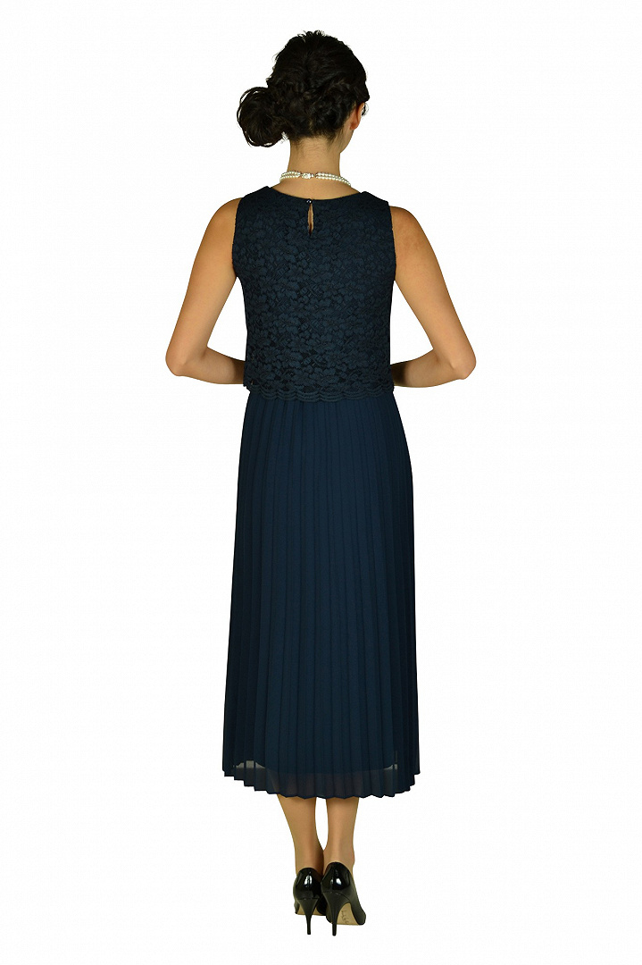 ミディ丈プリーツネイビードレス