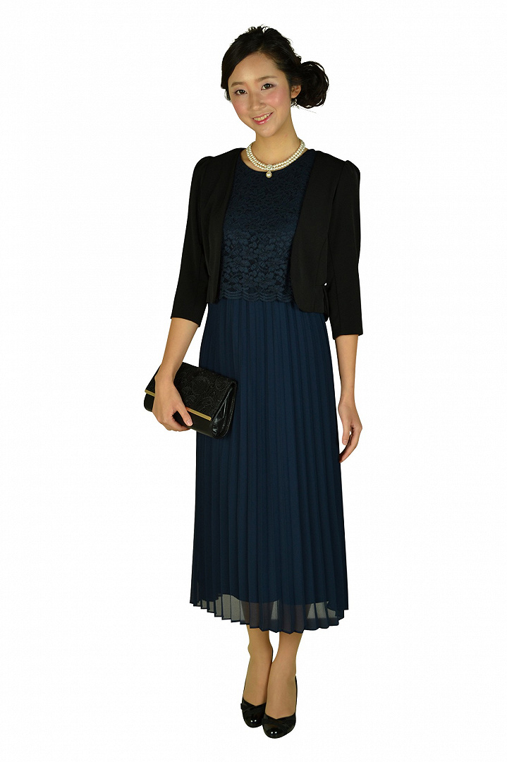 ミディ丈プリーツネイビードレス
