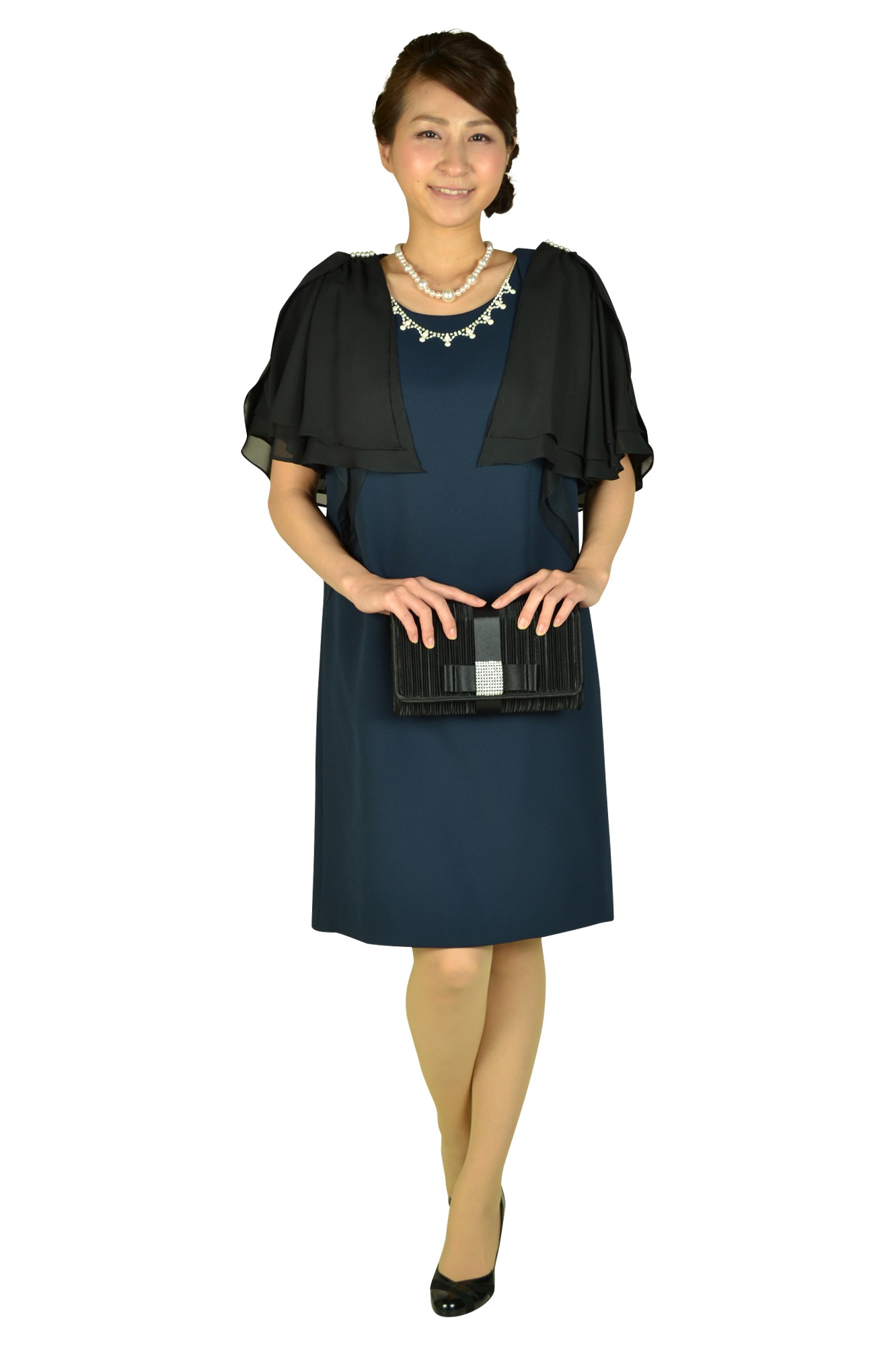 異素材MIXネイビーミニ袖ドレス