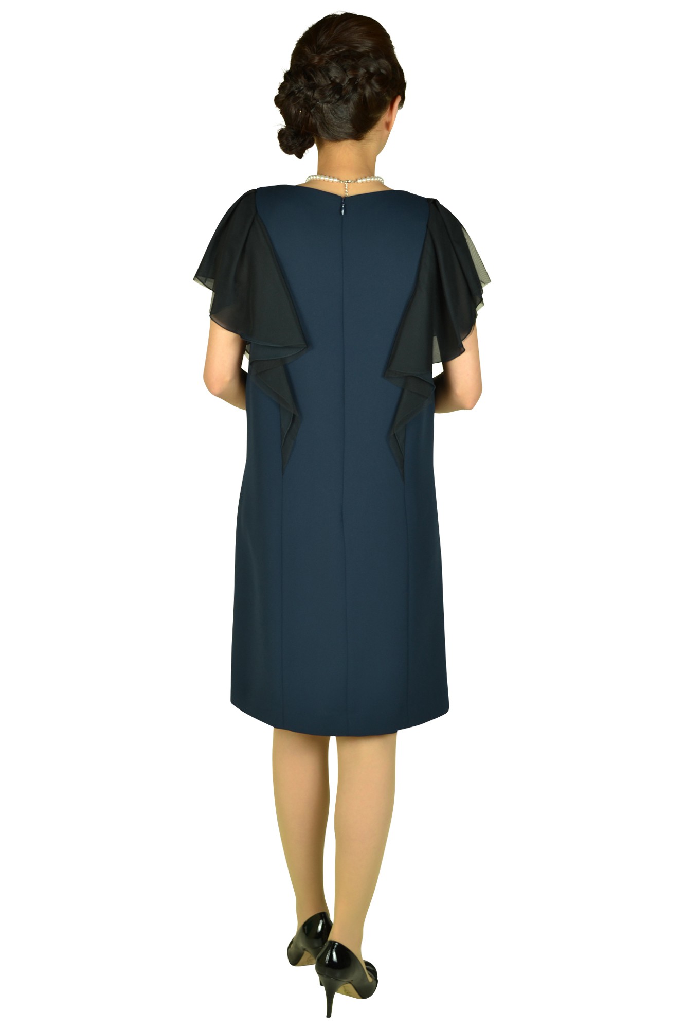 異素材MIXネイビーミニ袖ドレス