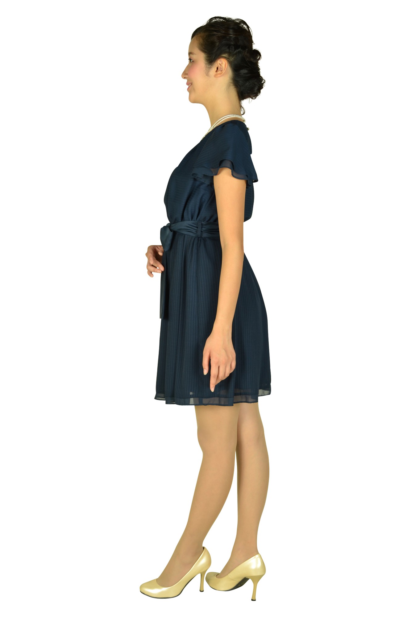 ビジュ付きフレア袖ネイビードレス