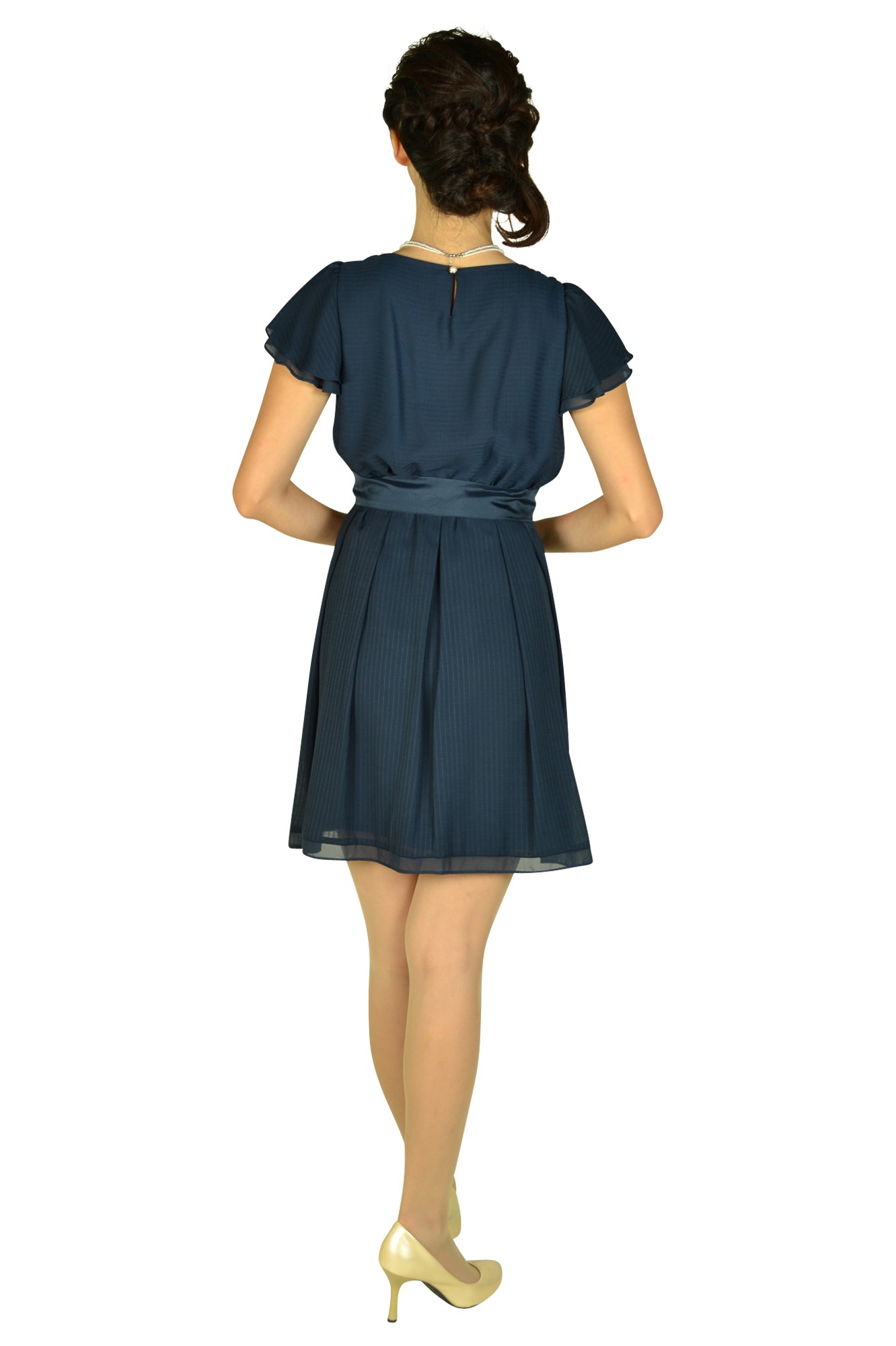 ビジュ付きフレア袖ネイビードレス