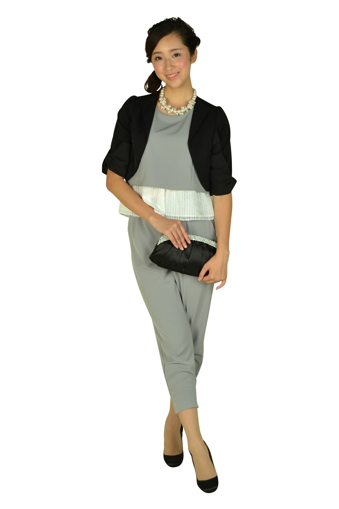 ぺプラムグレーパンツドレス