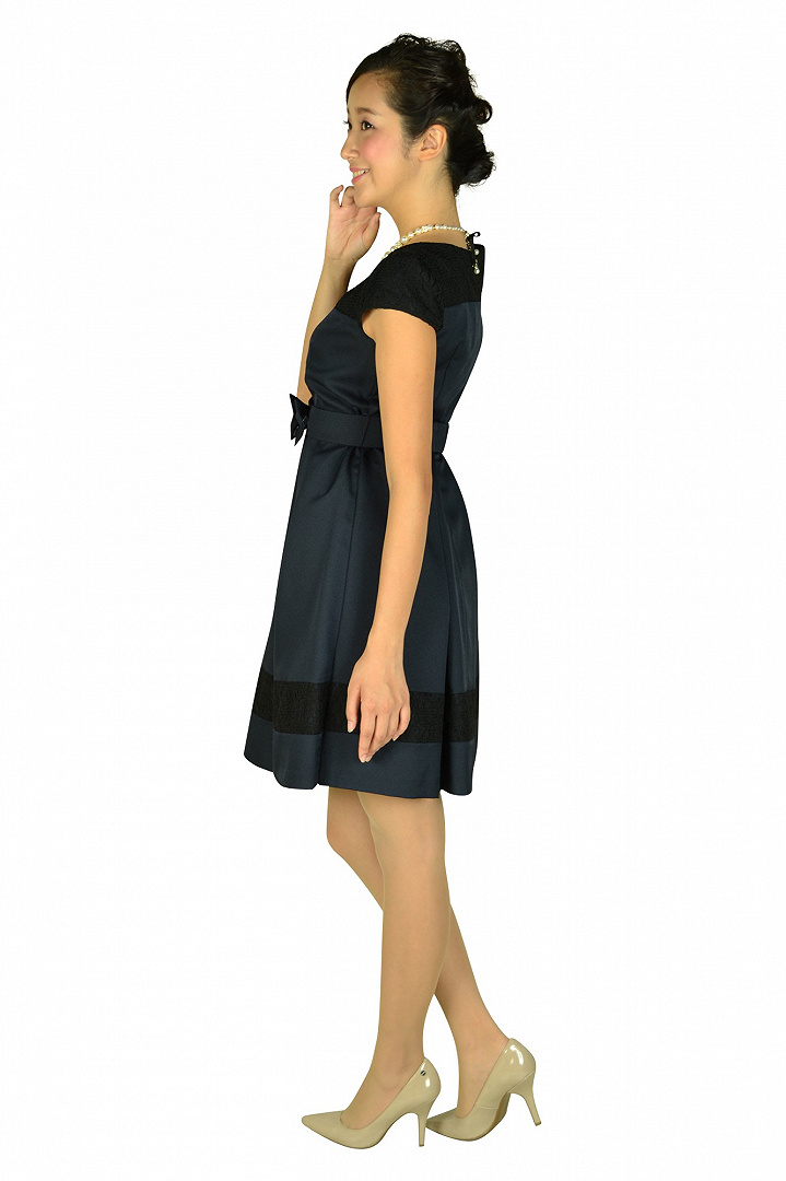 ミニ袖レースネイビーカラードレス