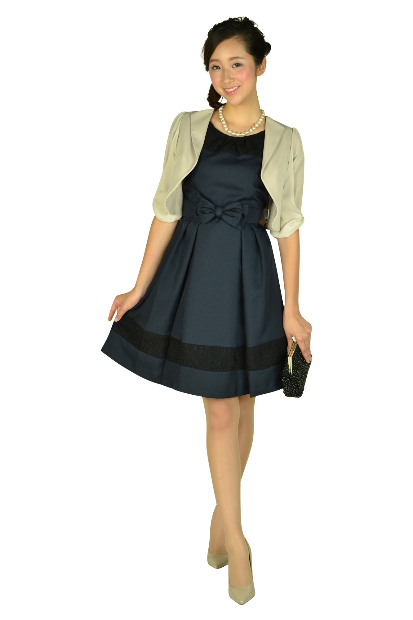 袖リボン5分袖ベージュジャケット