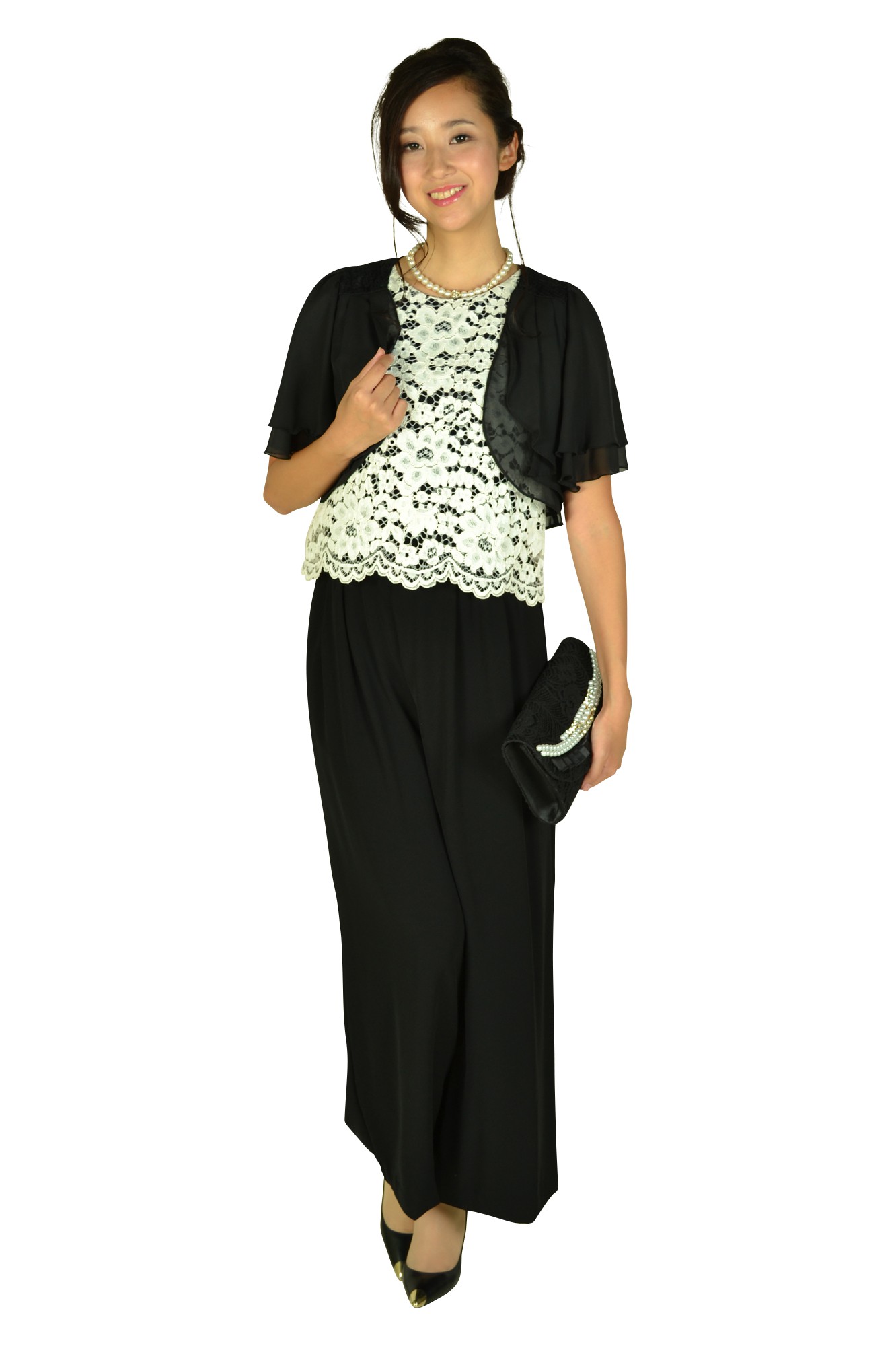 レース×ブラックワイドパンツドレス