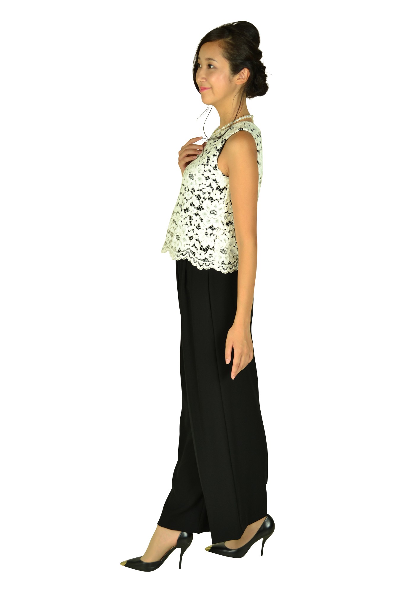 レース×ブラックワイドパンツドレス