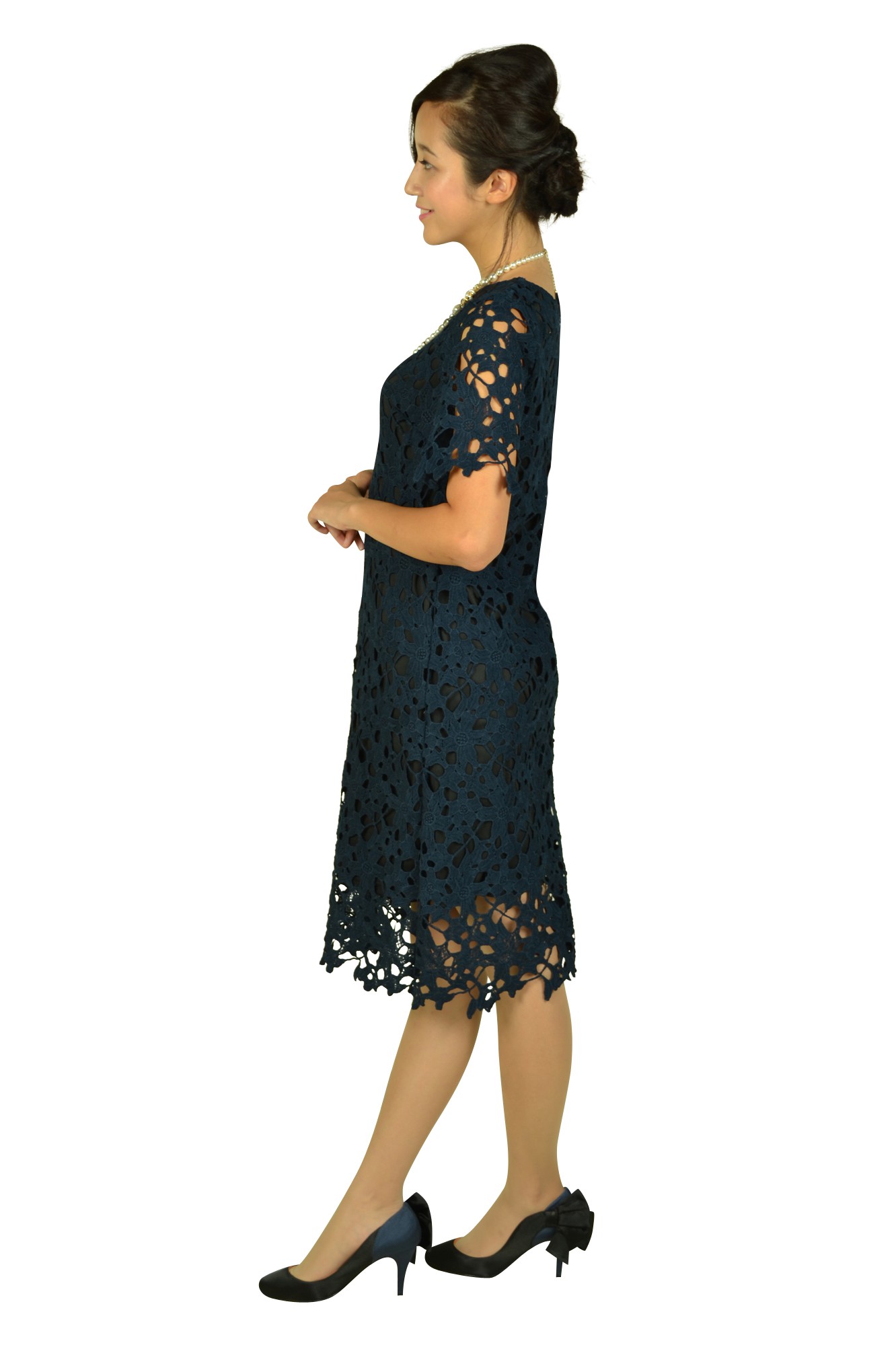 カッティング総レースネイビードレス