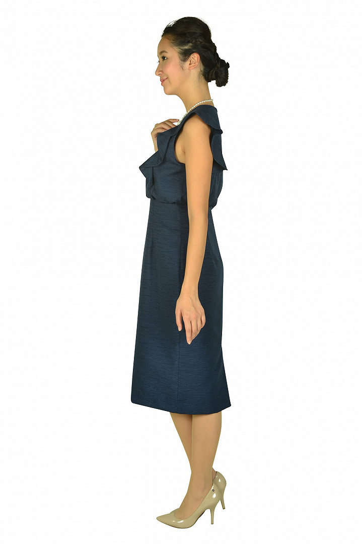 フレア袖タイトネイビードレス