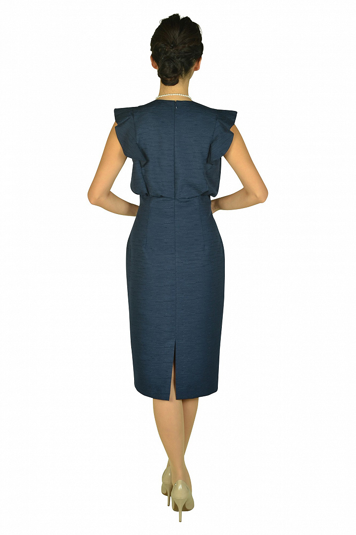 フレア袖タイトネイビードレス