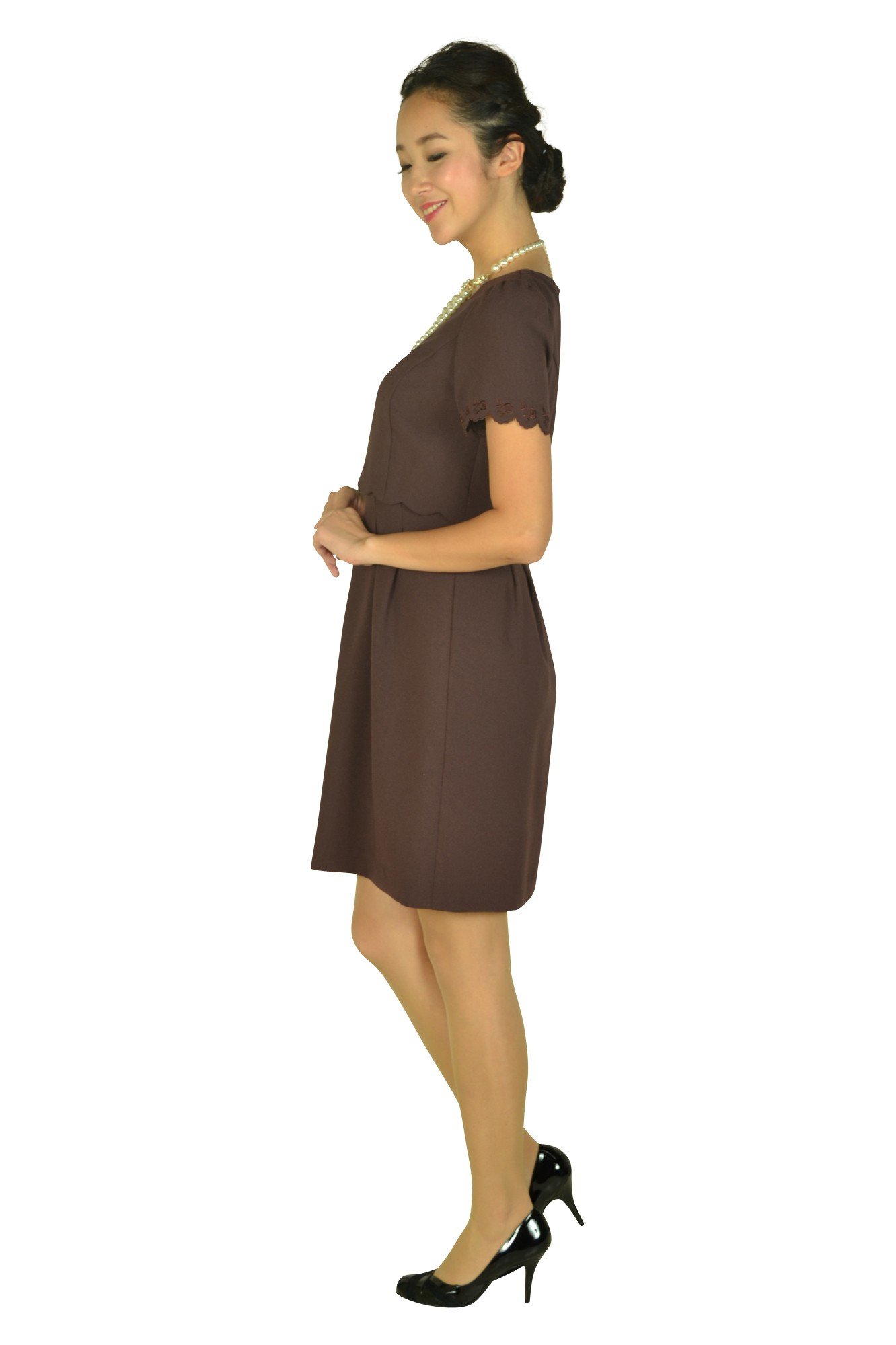 レッドブラウンアイレットレース袖ドレス