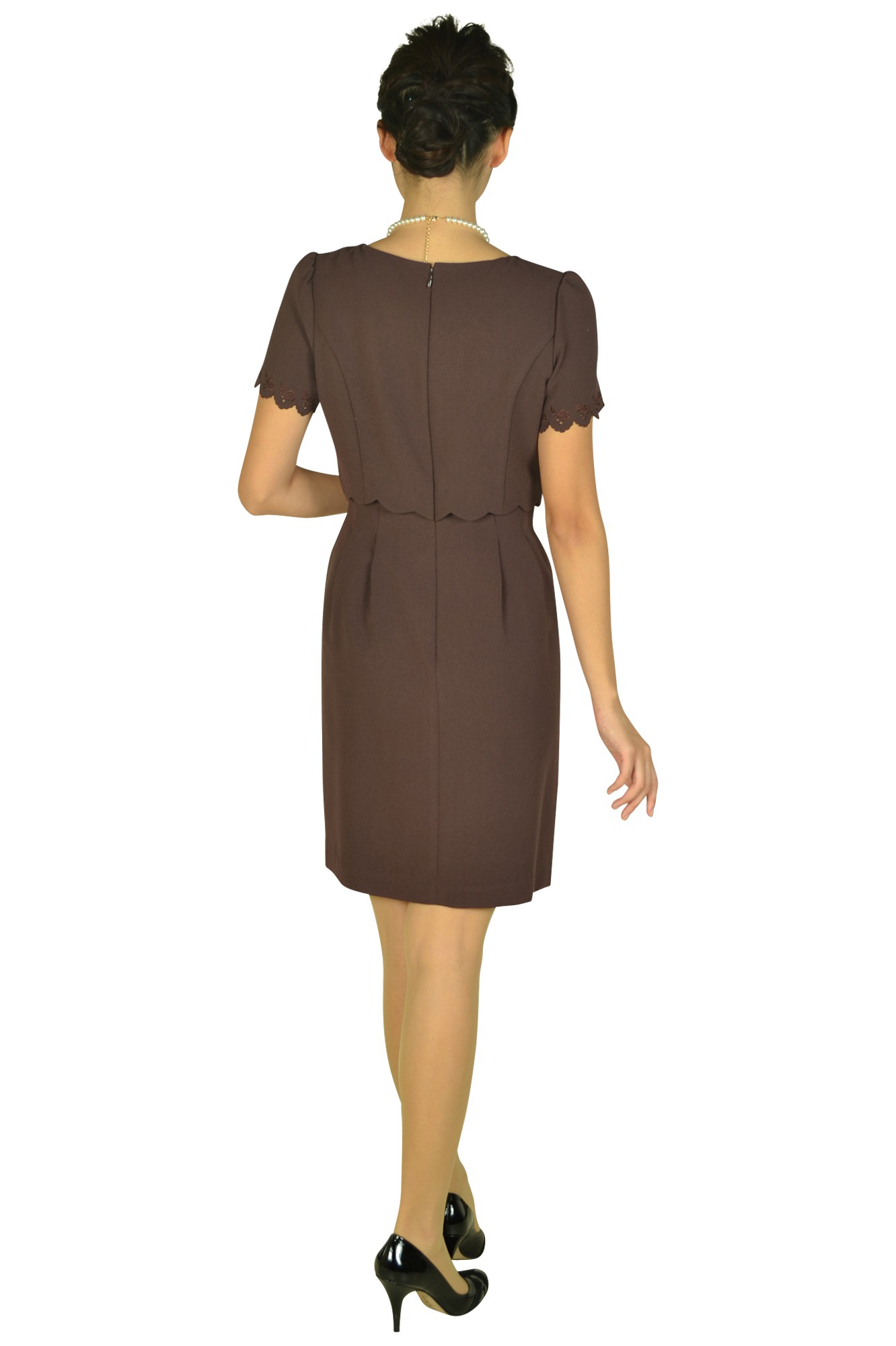 レッドブラウンアイレットレース袖ドレス