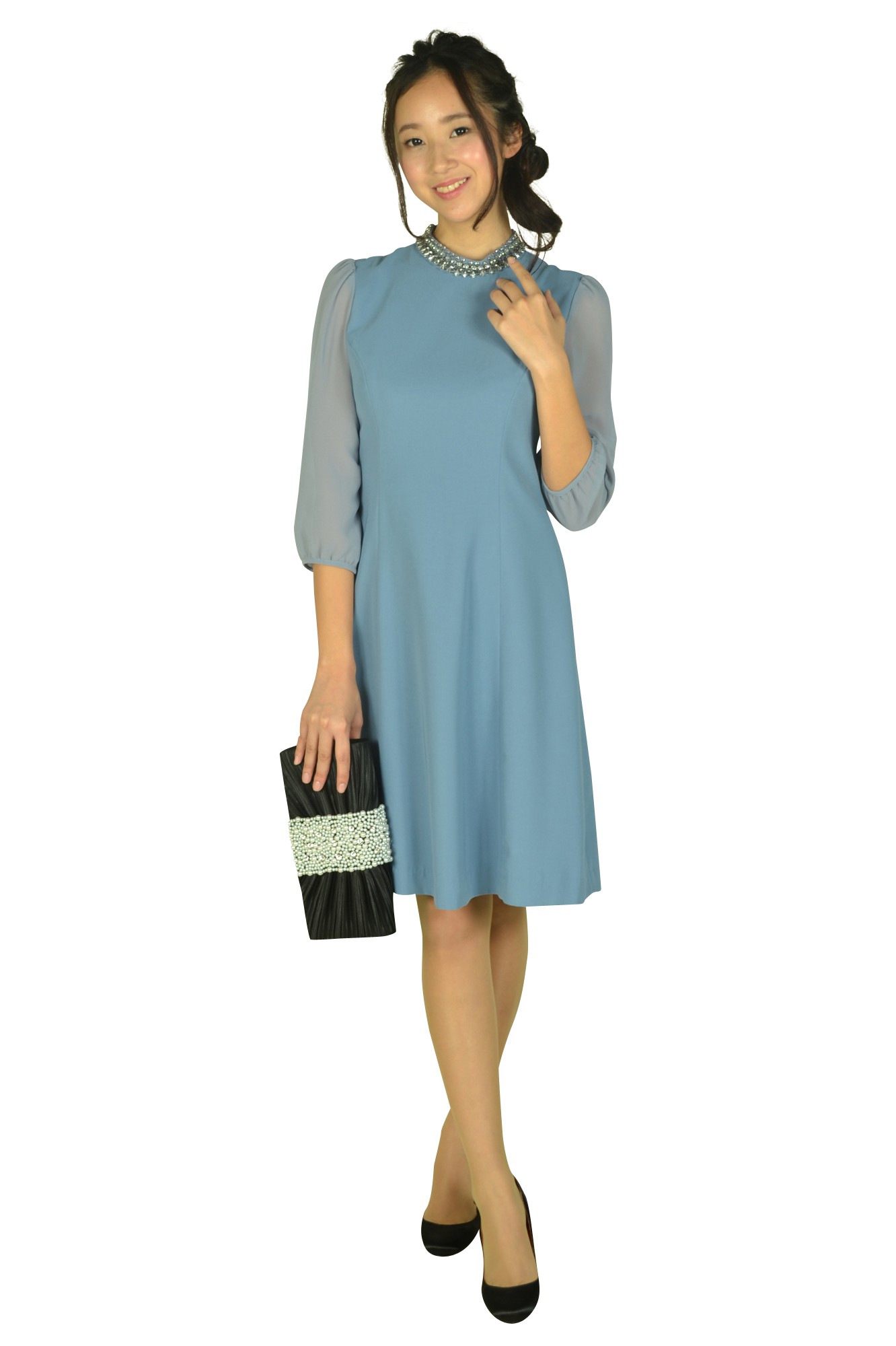 シースルー袖アッシュブルードレス