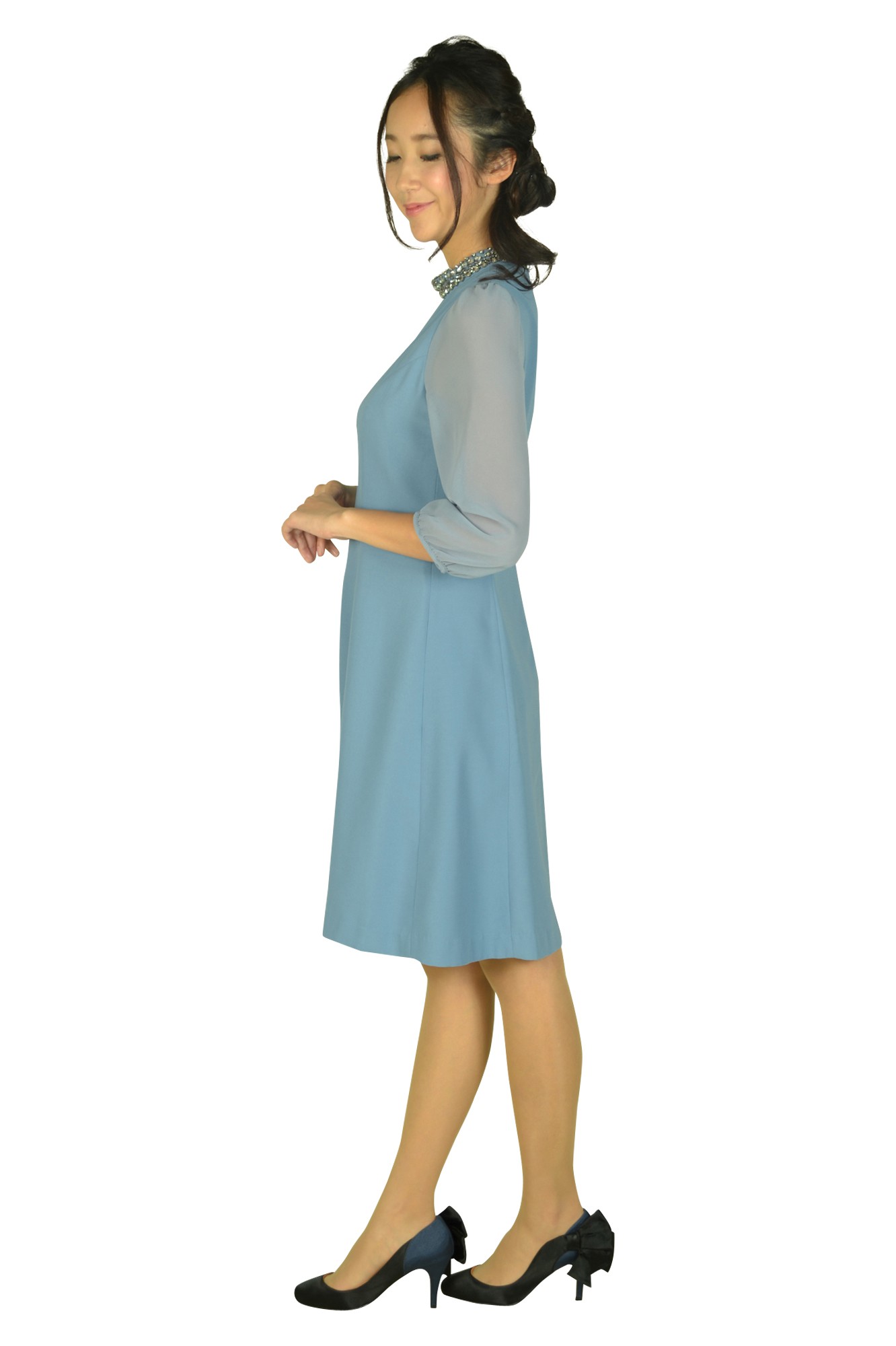 シースルー袖アッシュブルードレス