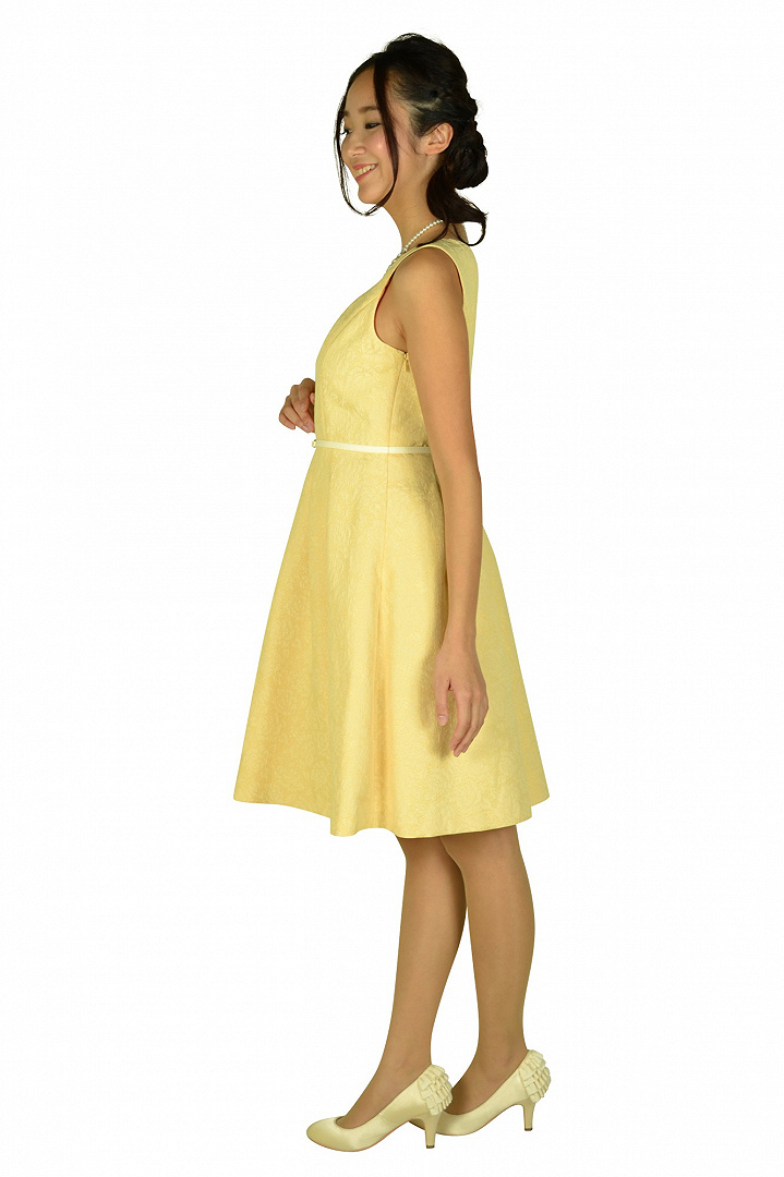 ローズ柄フィット&フレアイエロードレス