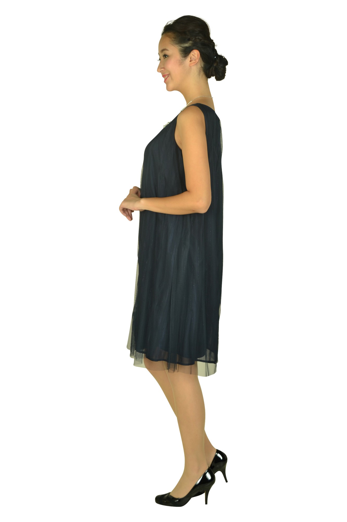 チュールストライプネイビードレス