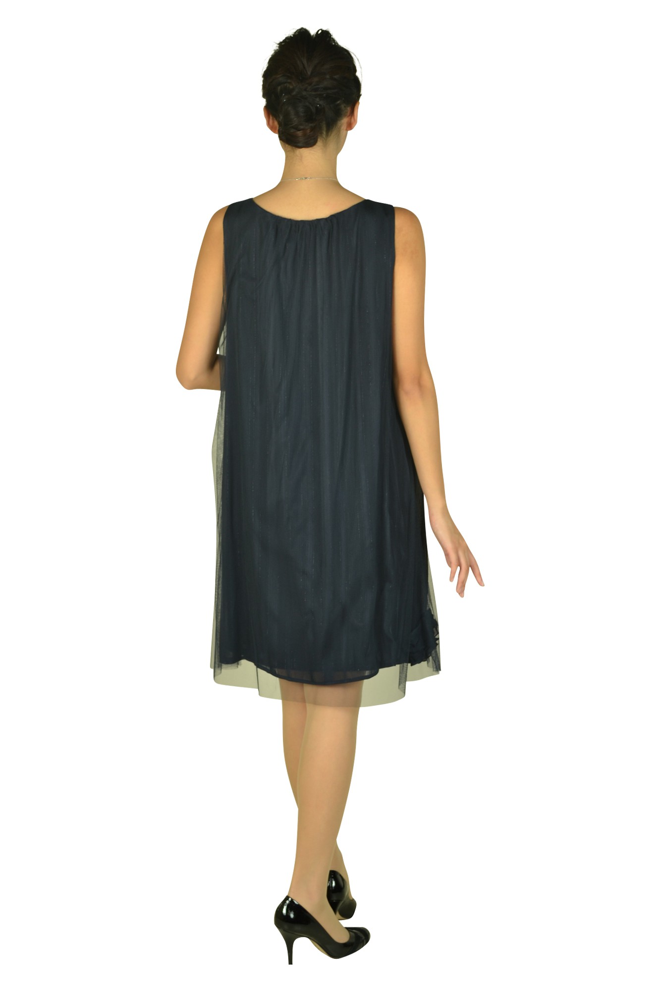 チュールストライプネイビードレス