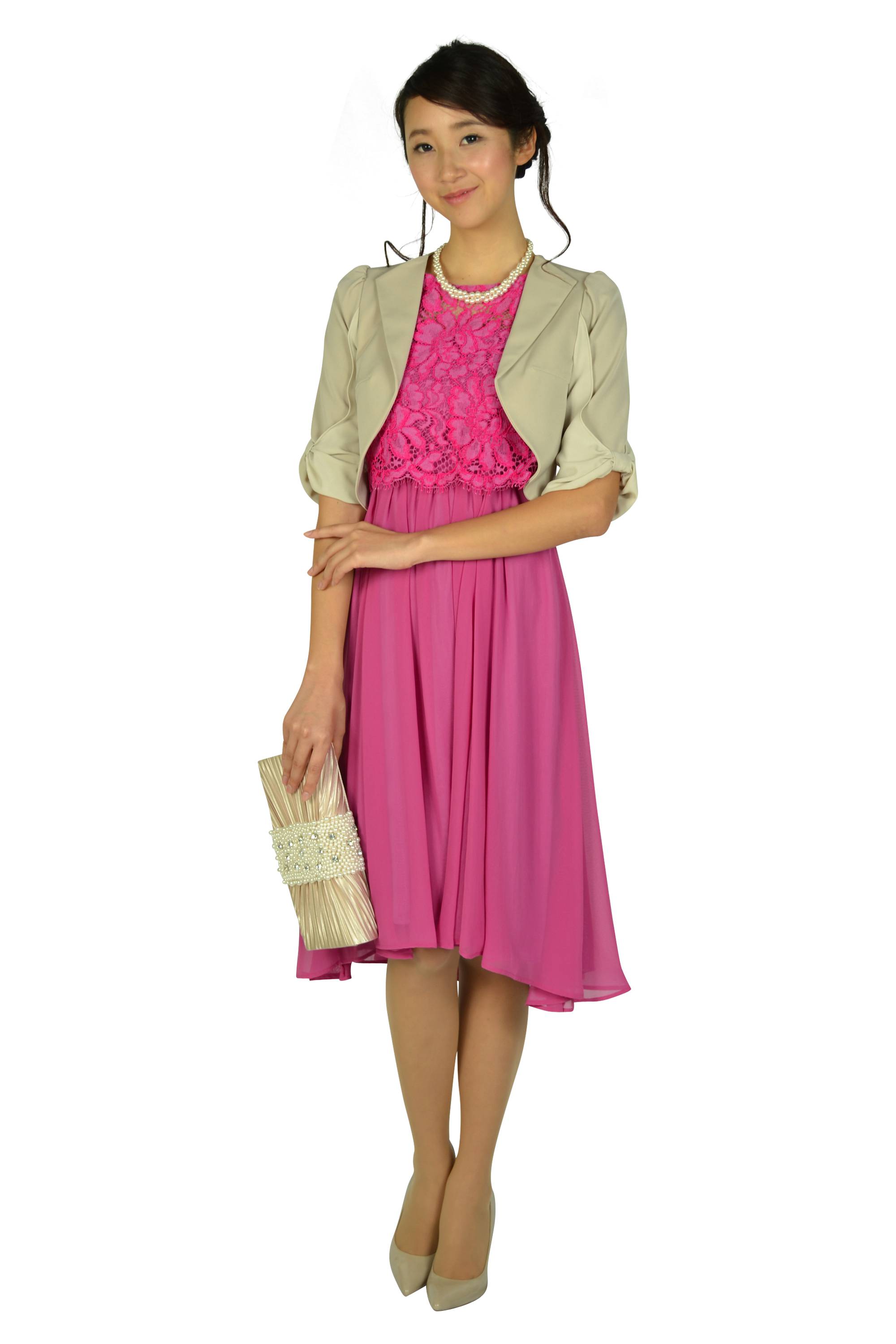 袖リボン5分袖ベージュジャケット