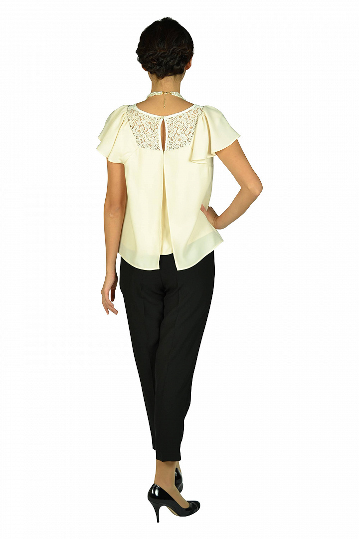 フレア袖アイボリー×ブラックパンツドレス