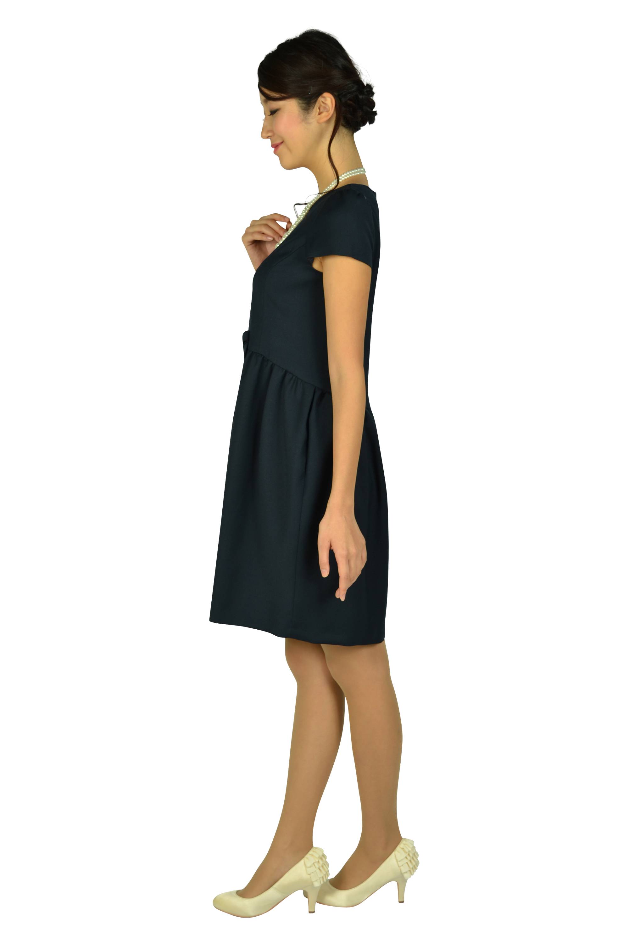 ミニ袖ウエストリボンネイビードレス