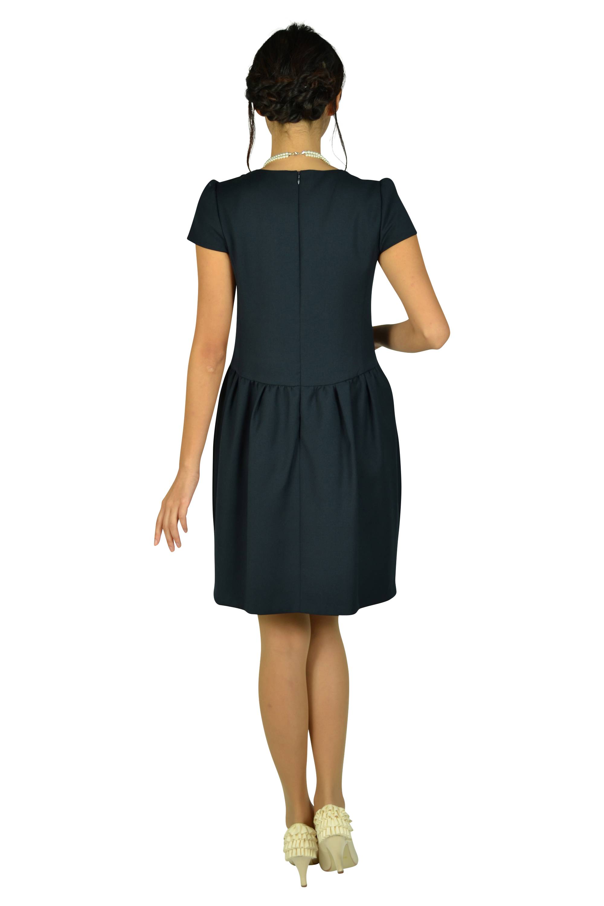 ミニ袖ウエストリボンネイビードレス