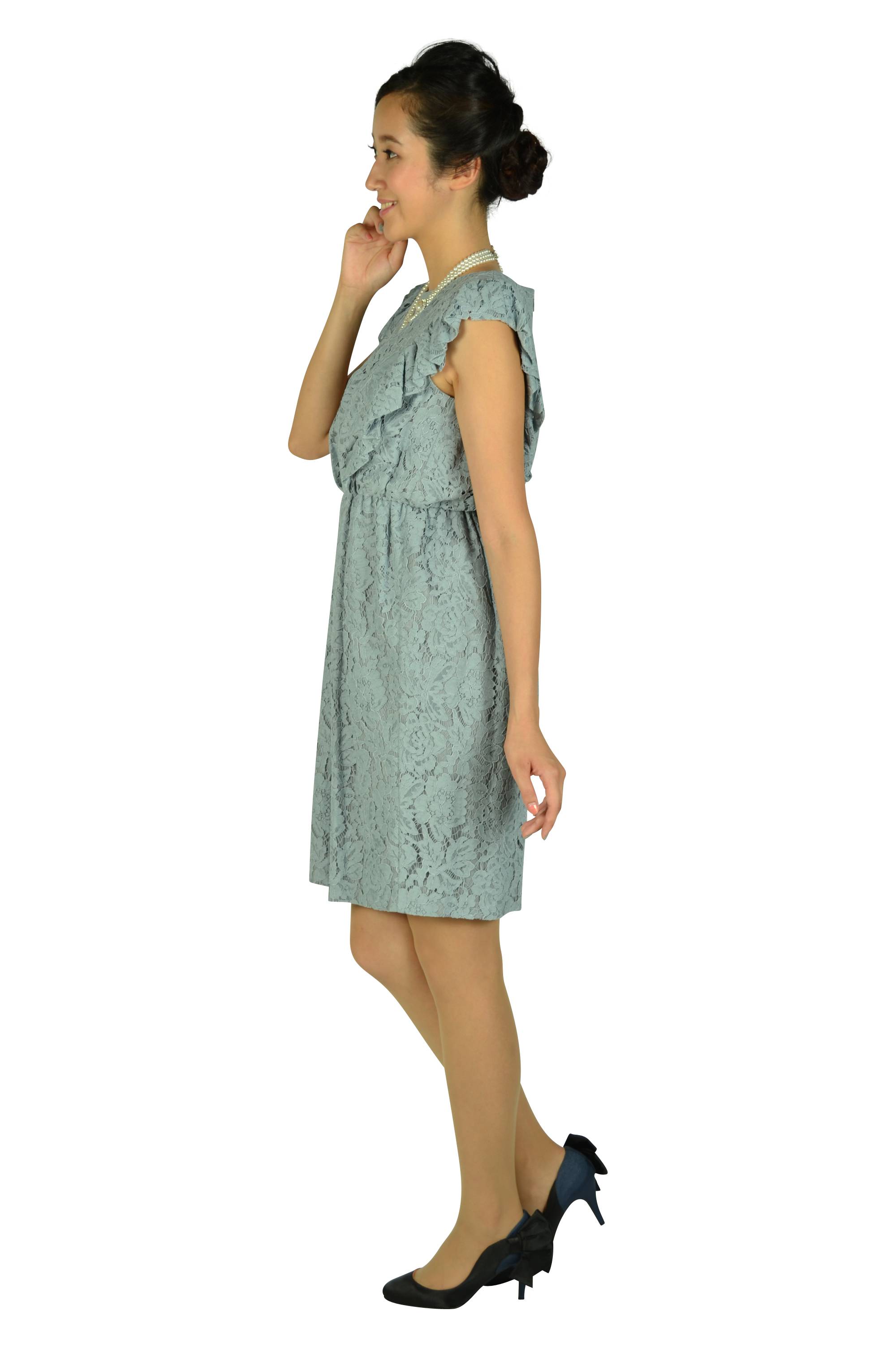 Vラインフリル総レースサックスドレス