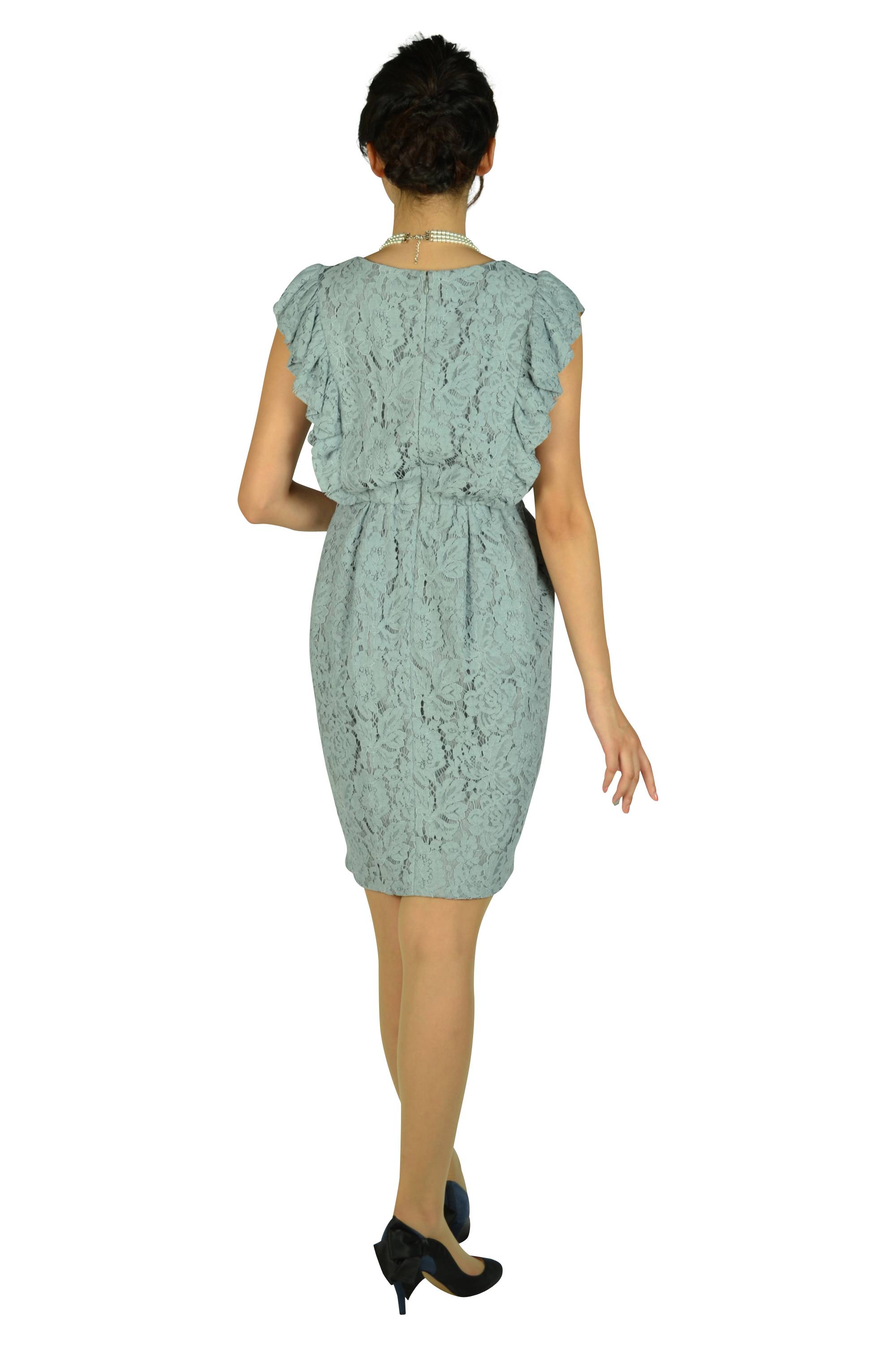 Vラインフリル総レースサックスドレス