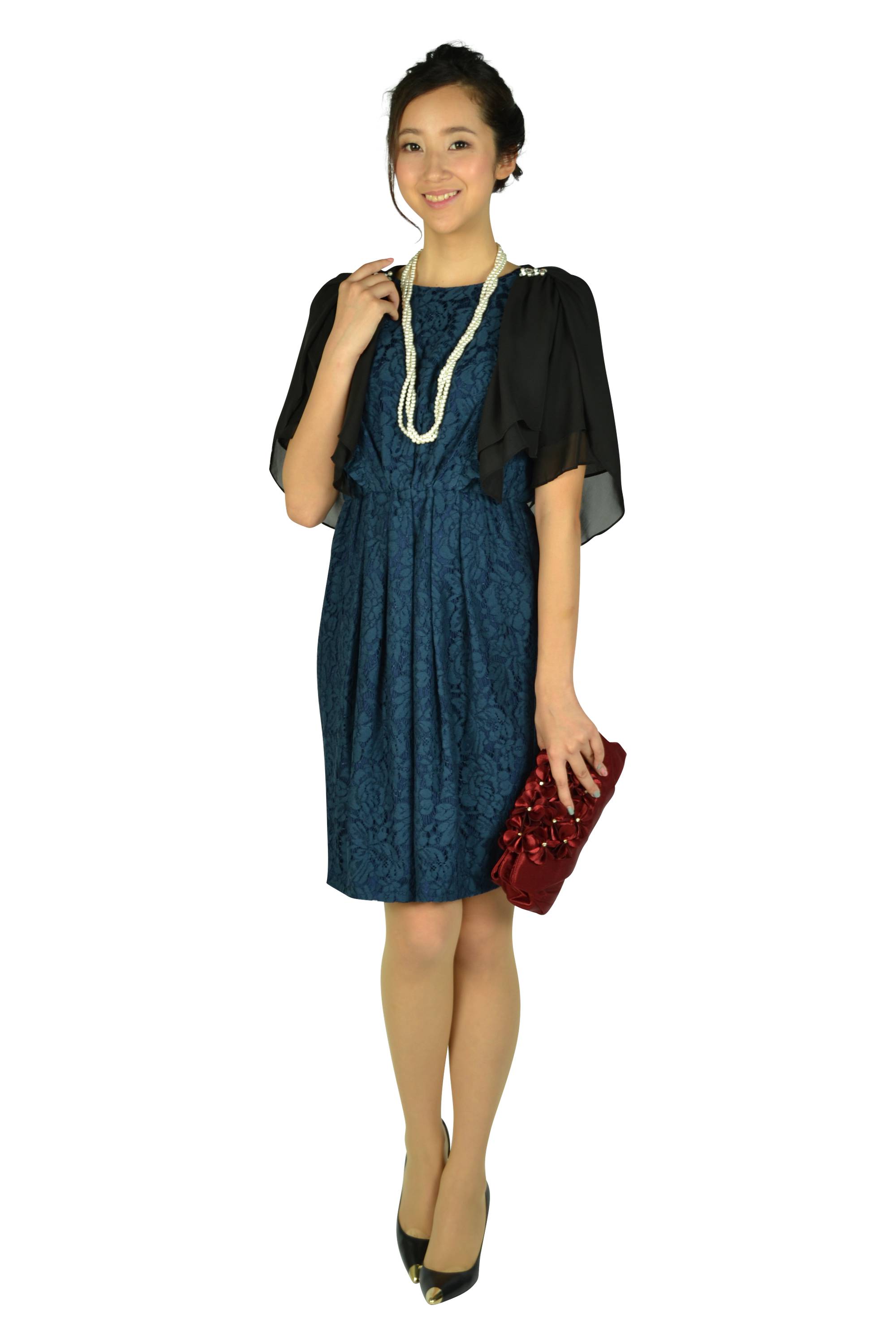 Vラインフリル総レースネイビードレス