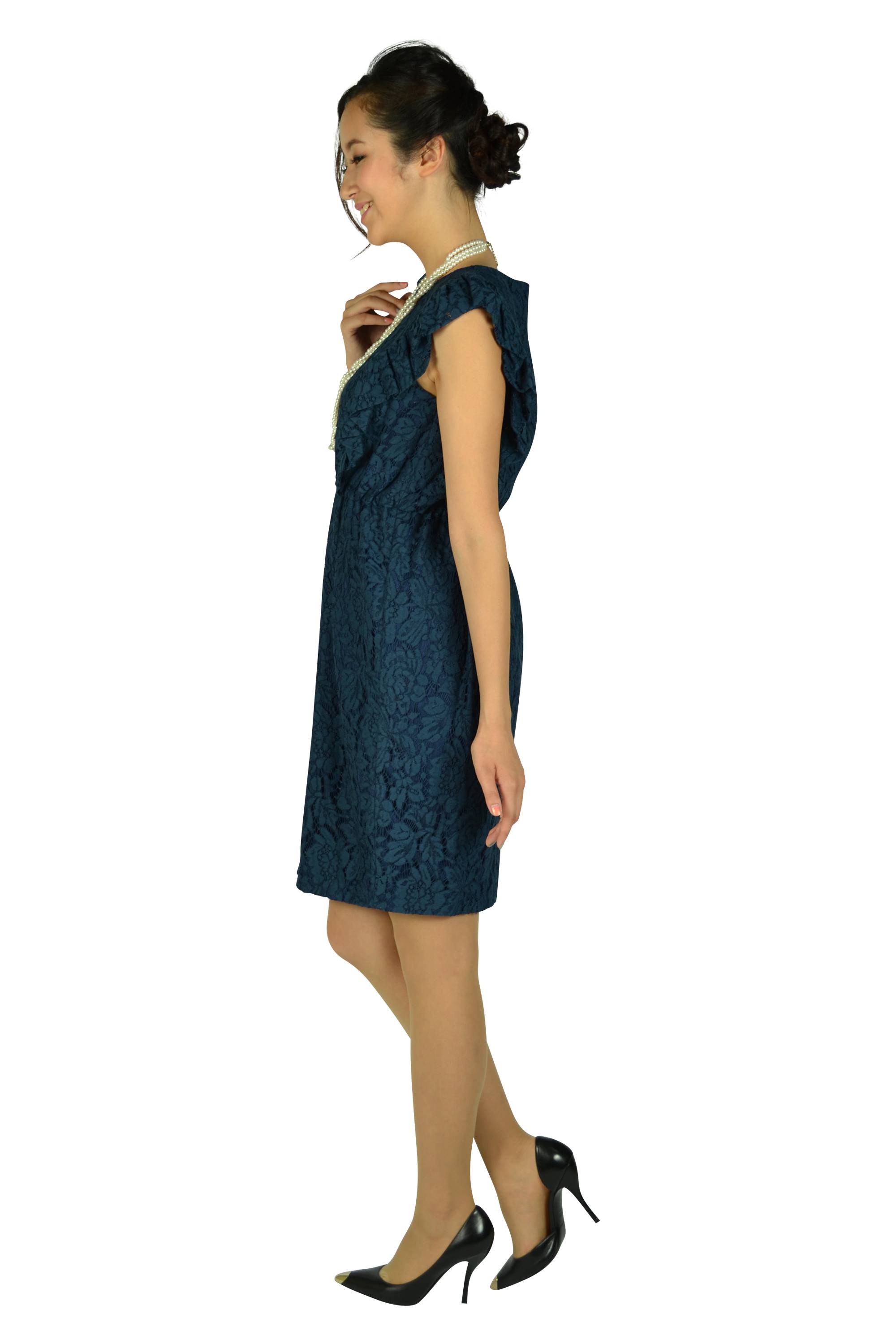 Vラインフリル総レースネイビードレス