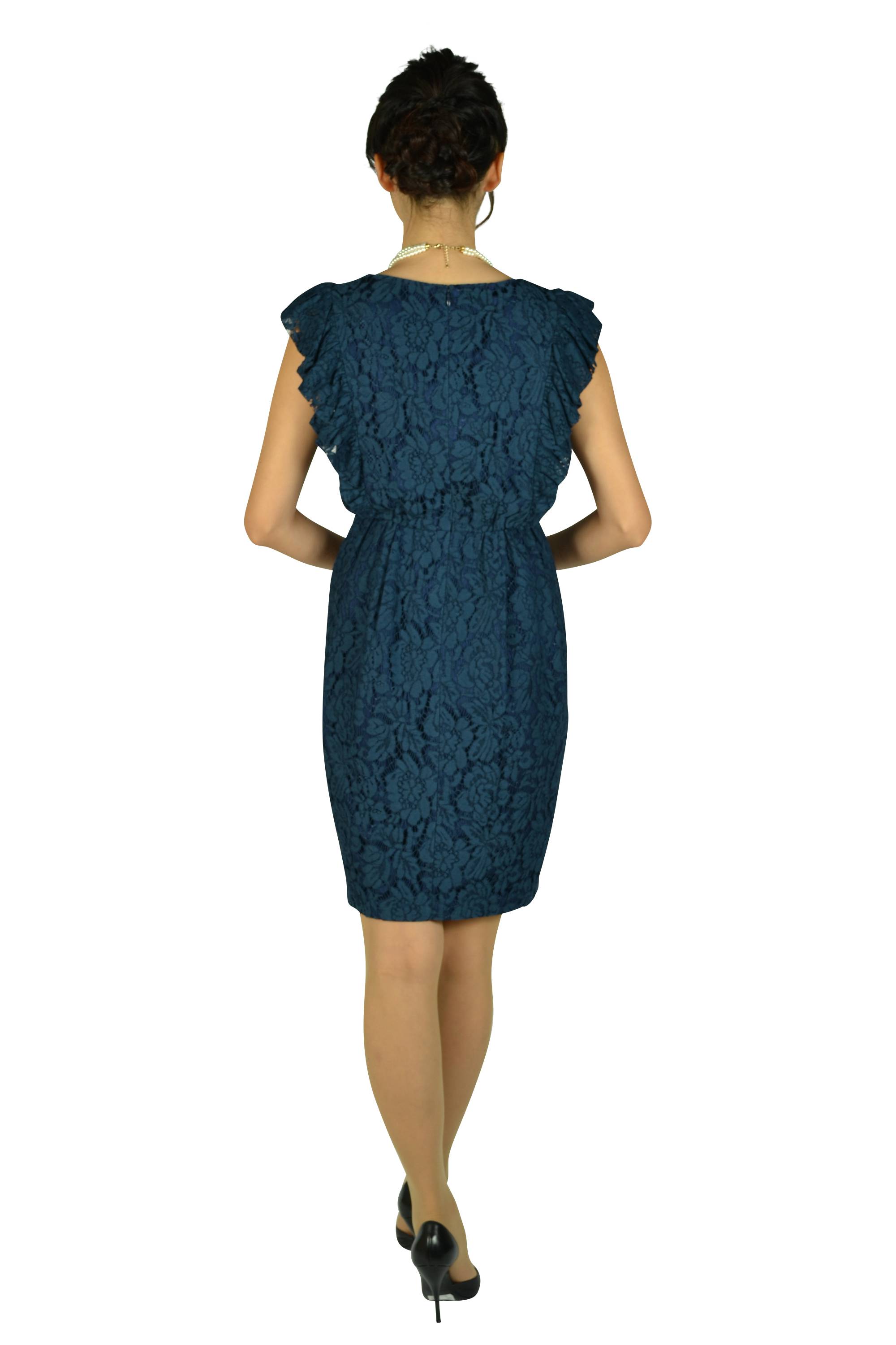 Vラインフリル総レースネイビードレス